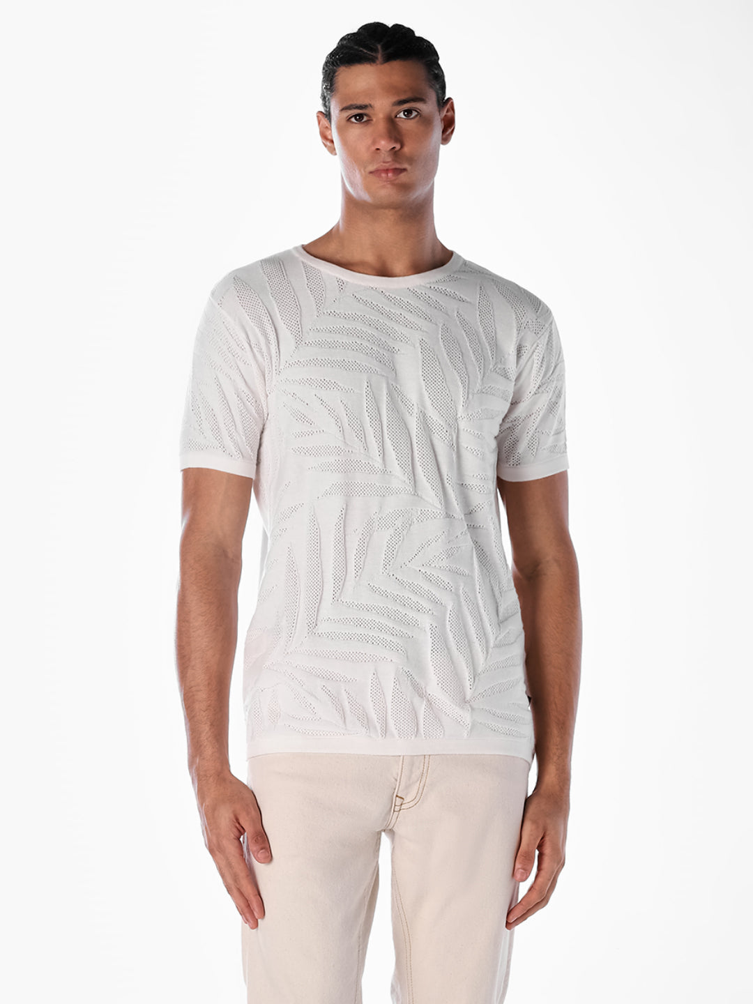 Jacquard Crew Neck Cotton T-shirt - White