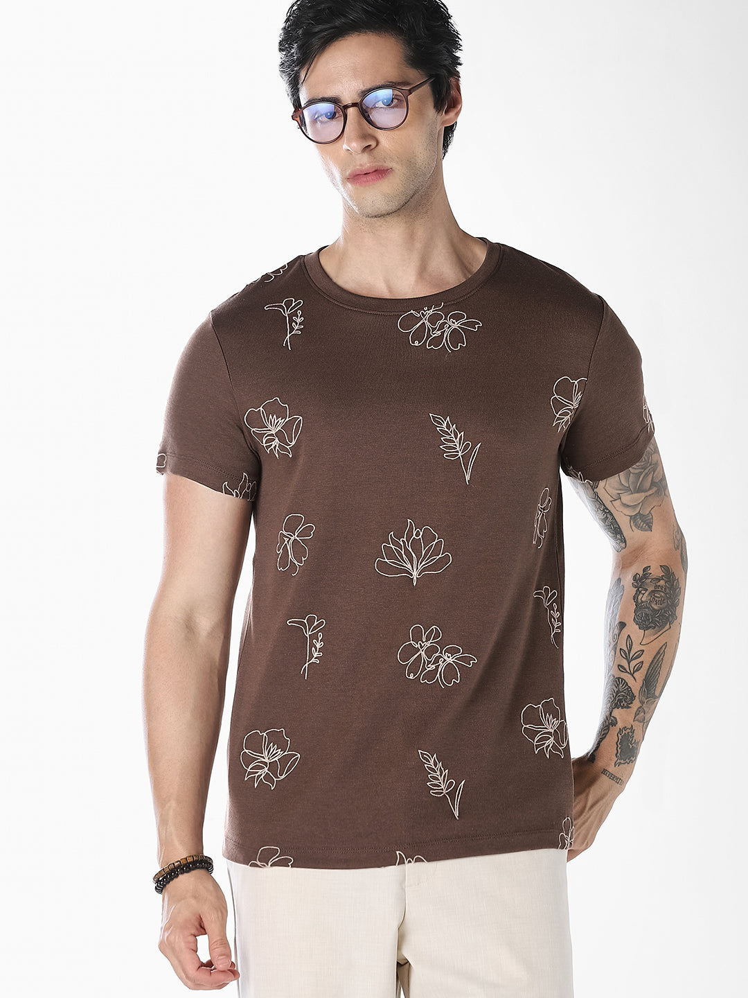 Brown Embroidered Cotton T-shirt