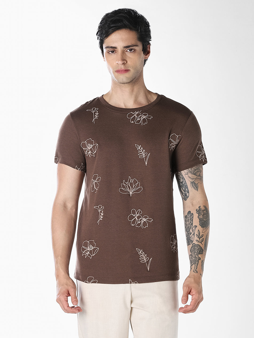 Brown Embroidered Cotton T-shirt