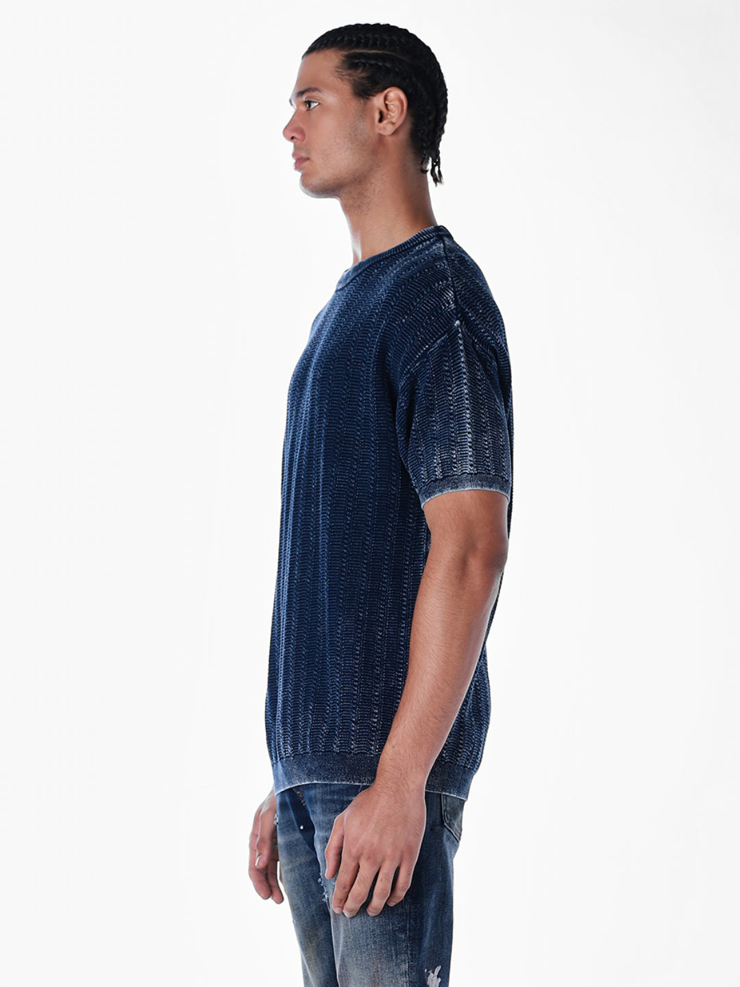 Acid Wash Knit Crew Neck T-shirt - Blue