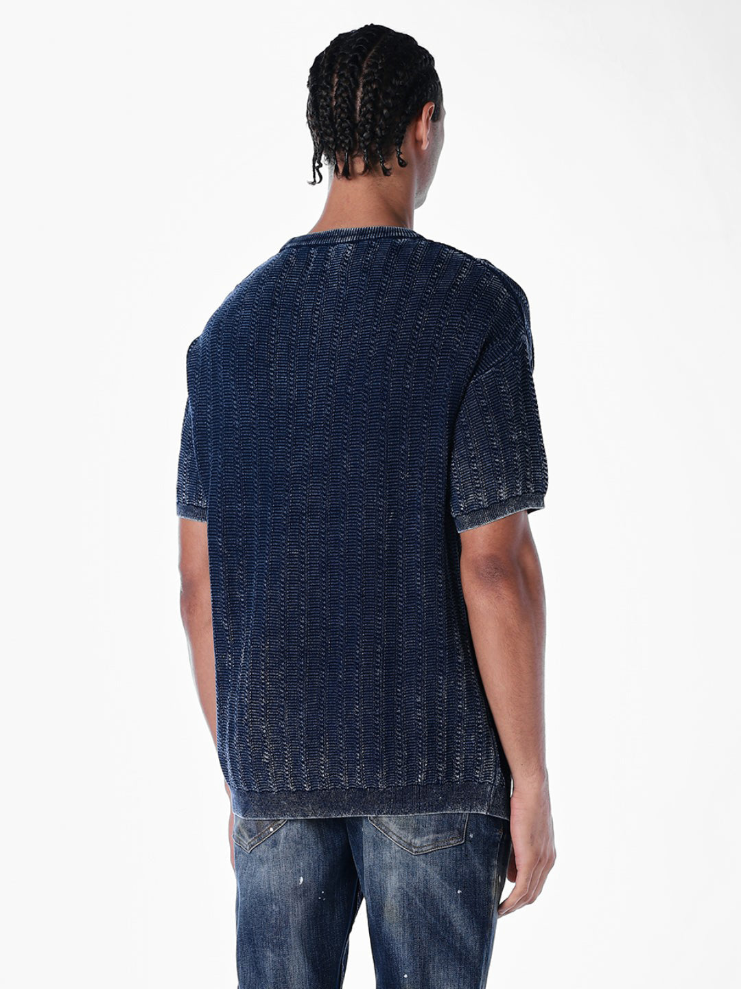 Acid Wash Knit Crew Neck T-shirt - Blue