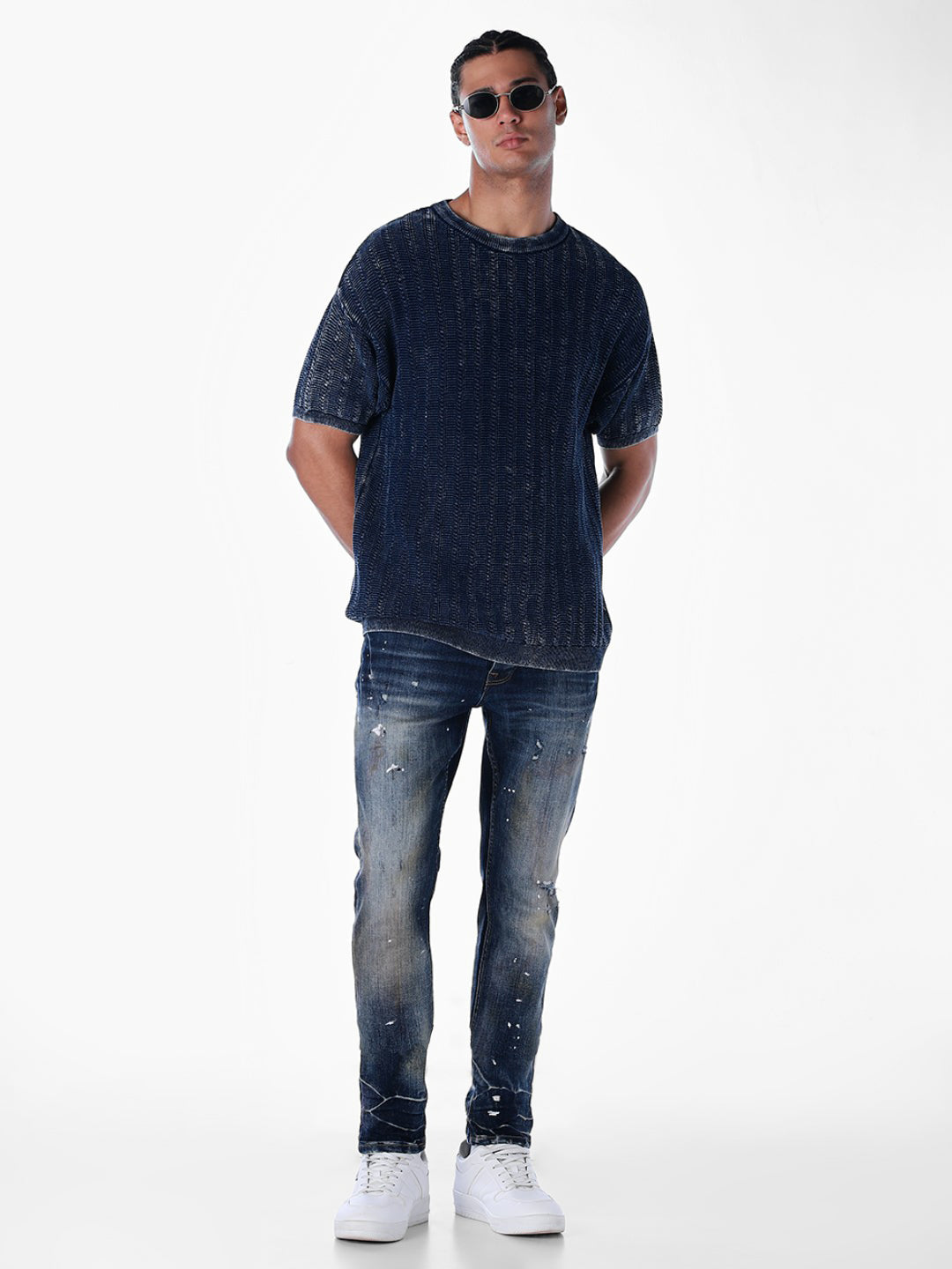 Acid Wash Knit Crew Neck T-shirt - Blue