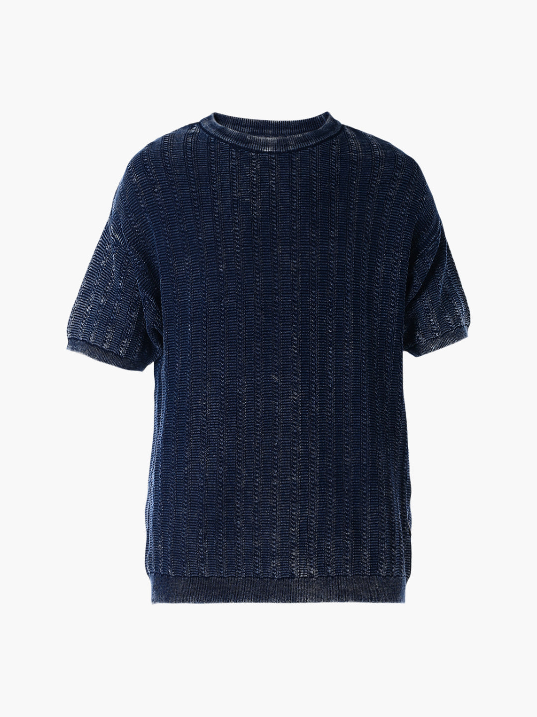 Acid Wash Knit Crew Neck T-shirt - Blue