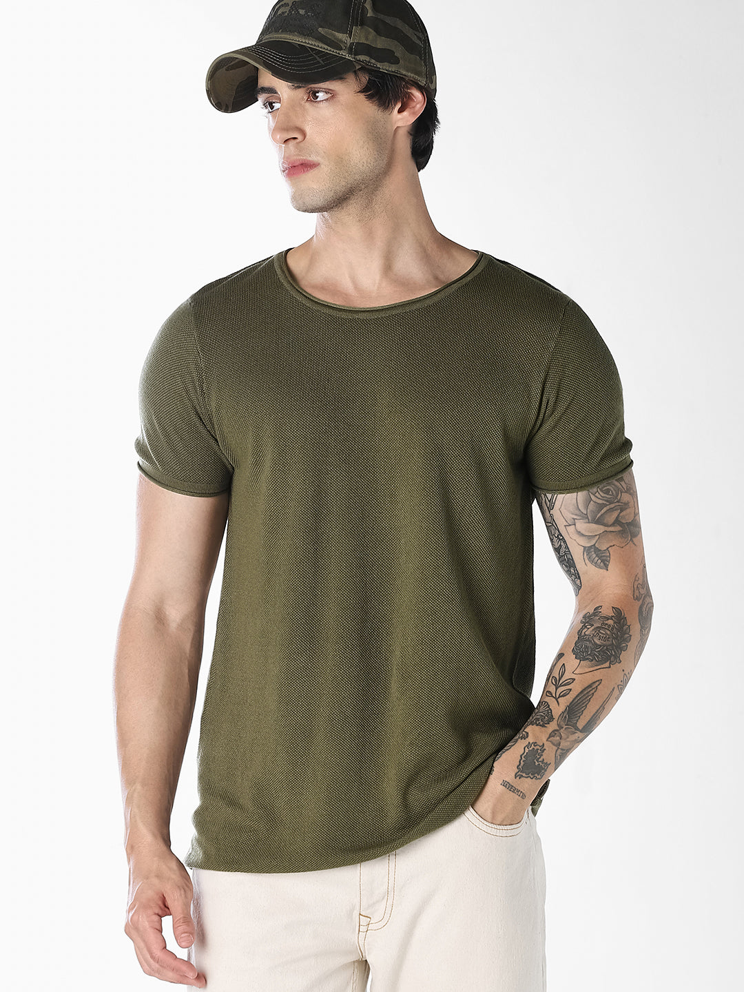 Dark Green Knitted Crew Neck T-shirt