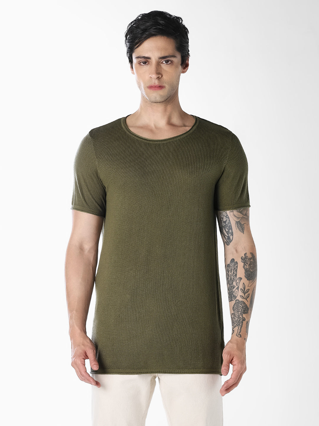 Dark Green Knitted Crew Neck T-shirt