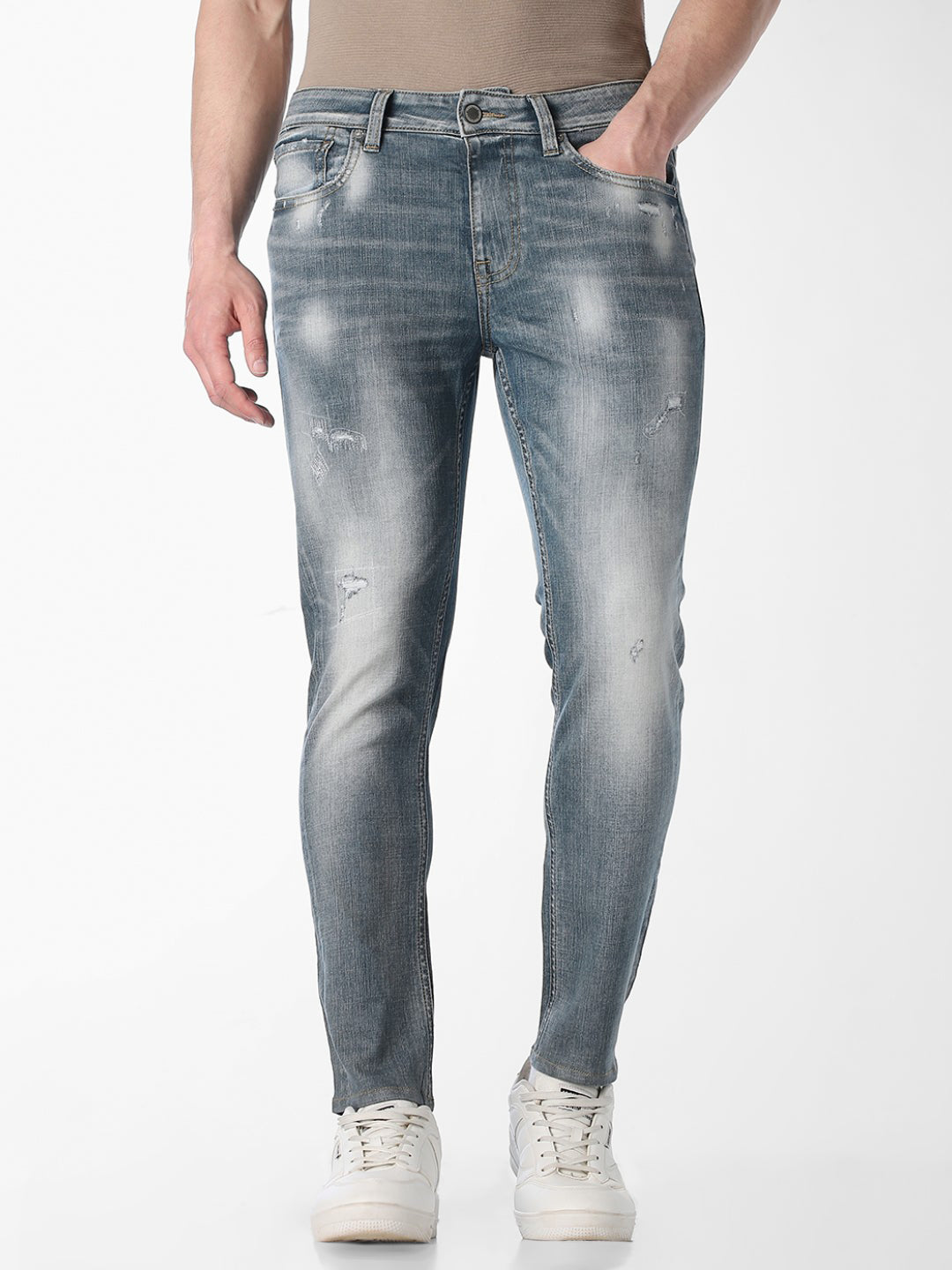 Mildly Distressed Cropped Slim Fit Jeans
