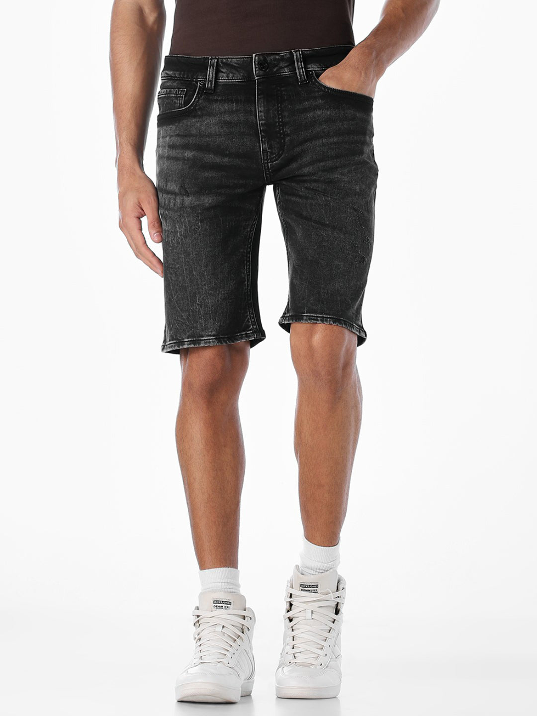 Black Washed 5 Pocket Denim Shorts