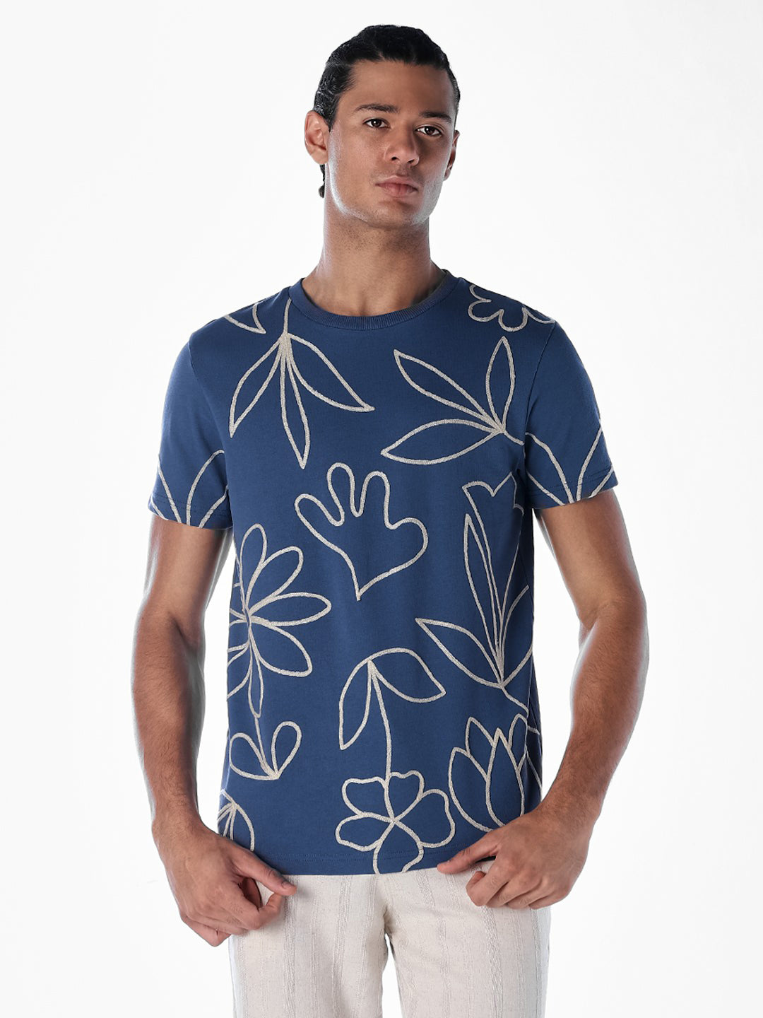 Dark Blue Printed Cotton T-shirt