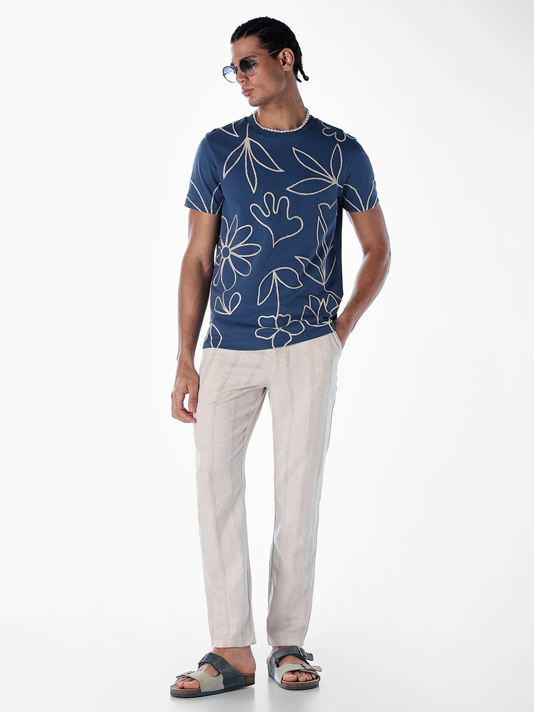 Dark Blue Printed Cotton T-shirt