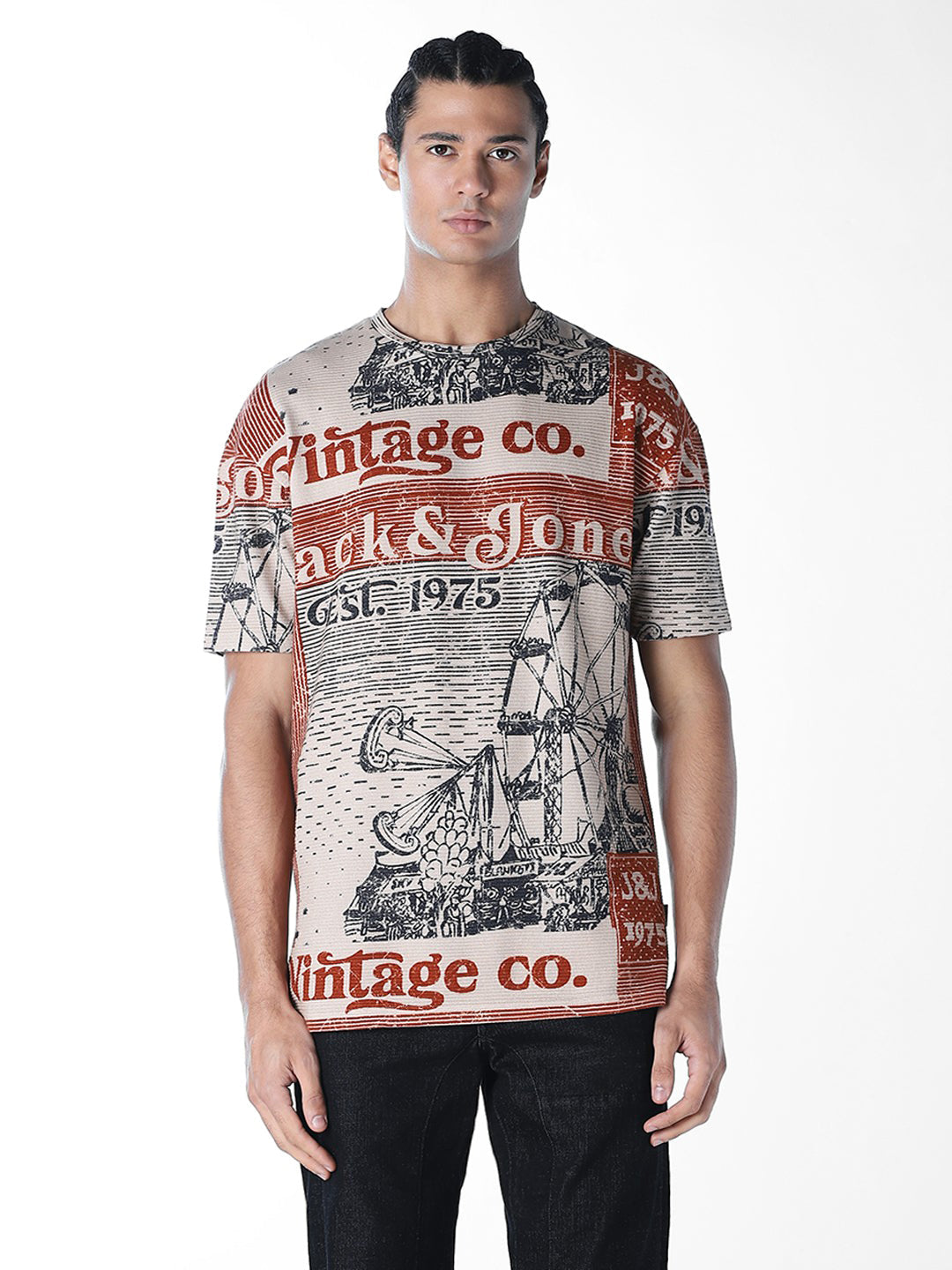 Beige Printed Cotton T-shirt