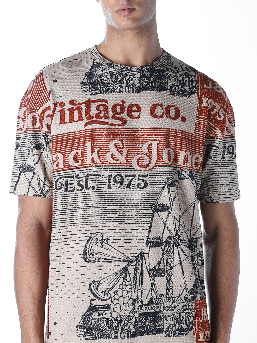 Beige Printed Cotton T-shirt