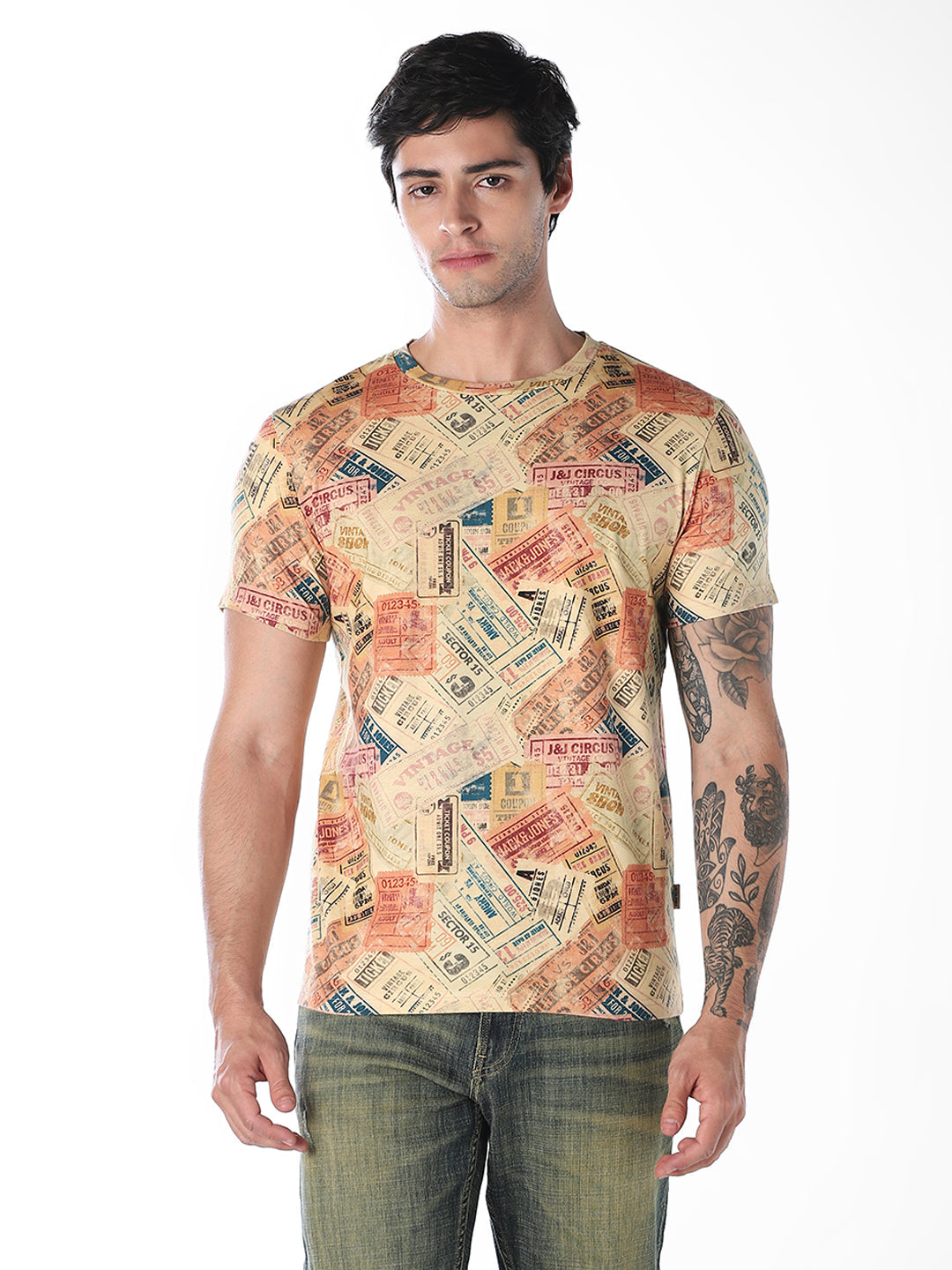 Vintage Ticket Print Cotton T-Shirt