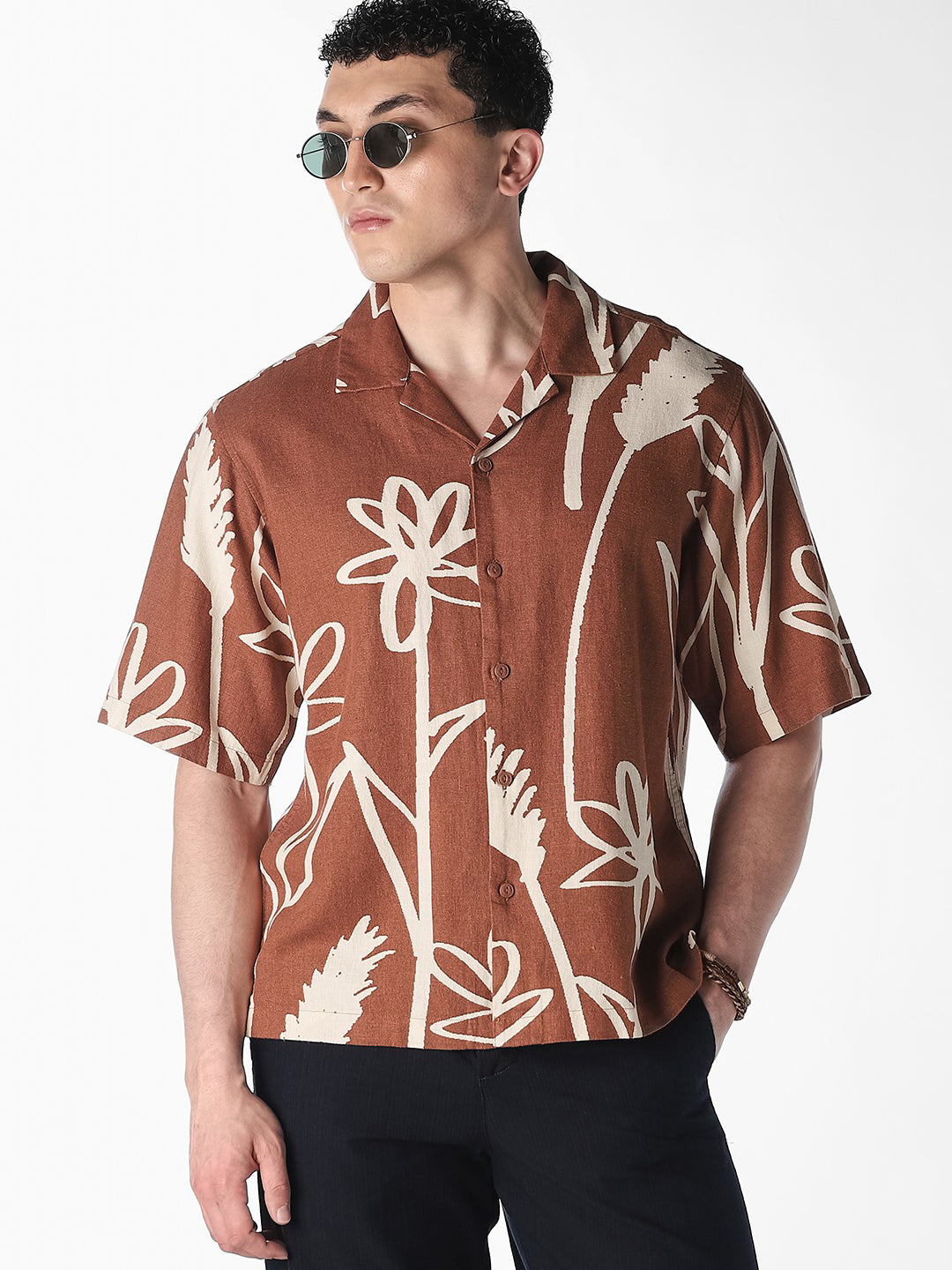 Brown Linen Blend Oversized Shirt