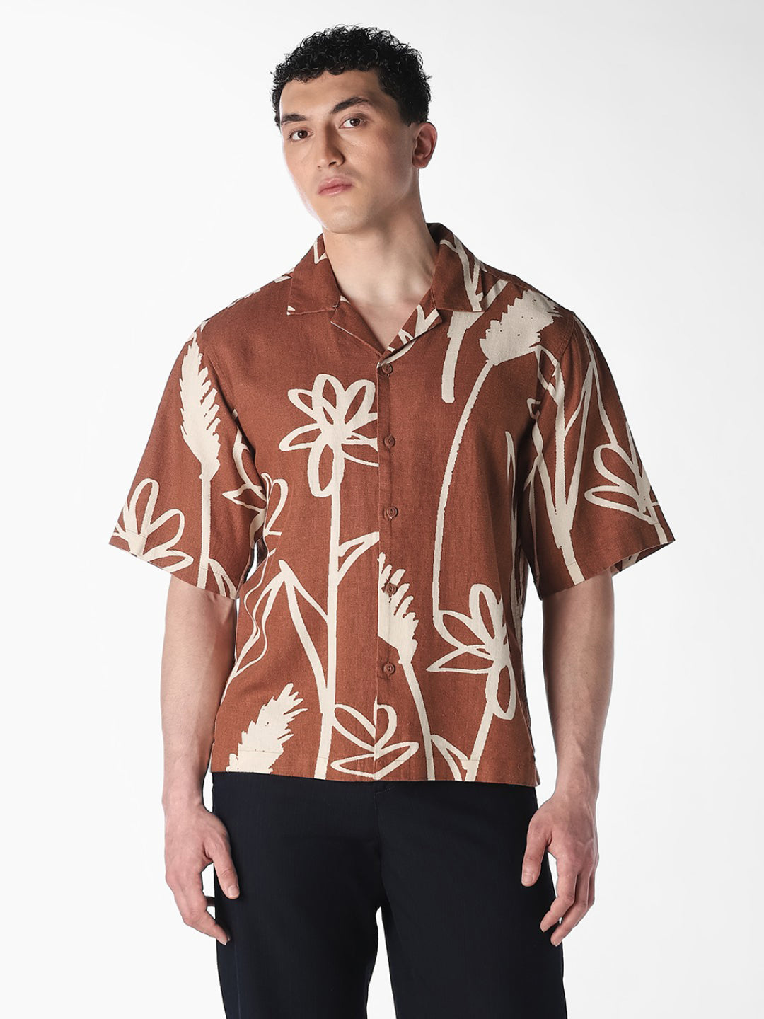 Brown Linen Blend Oversized Shirt