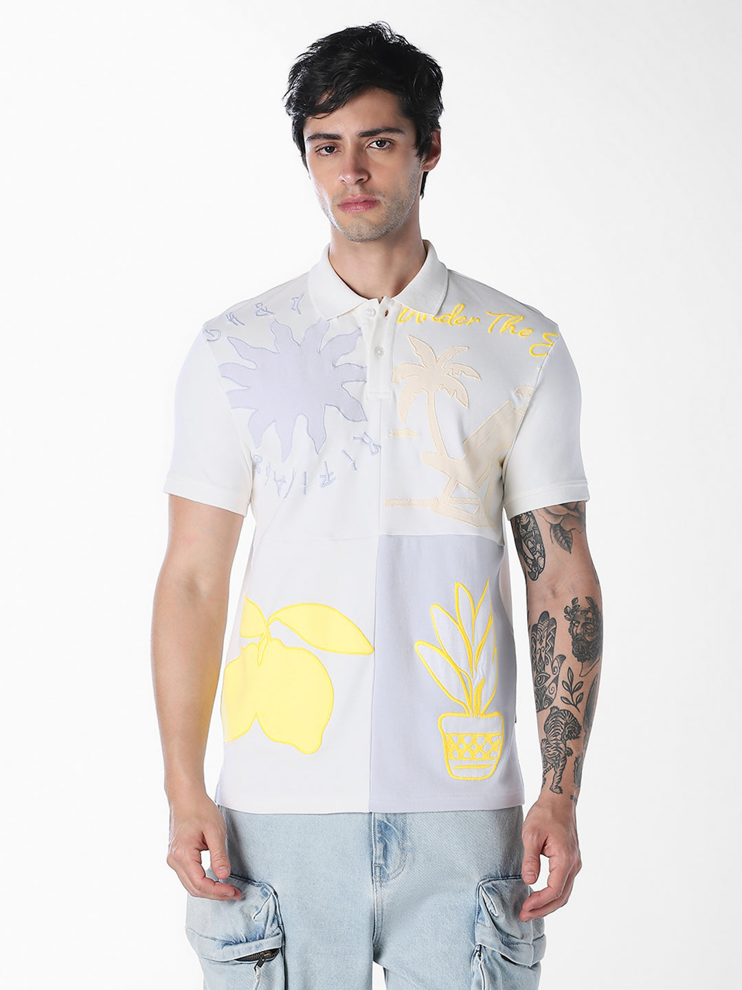 Colourblocked Printed Cotton Polo