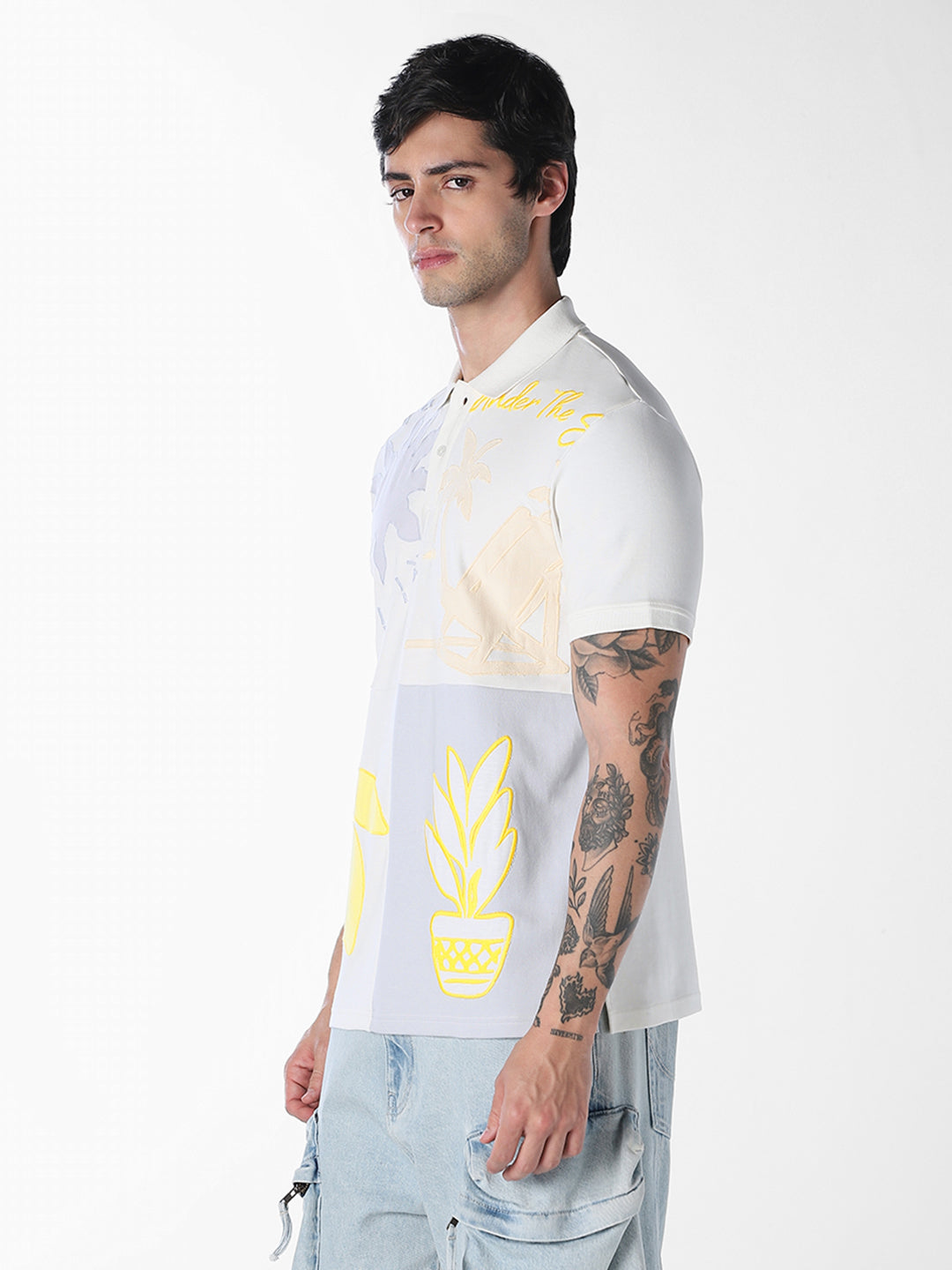 Colourblocked Printed Cotton Polo