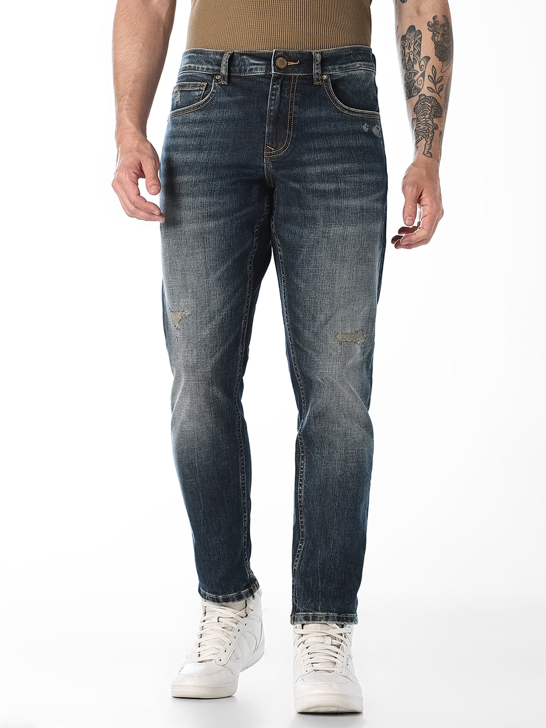 Dark Blue Cropped Brak Slim Fit Jeans