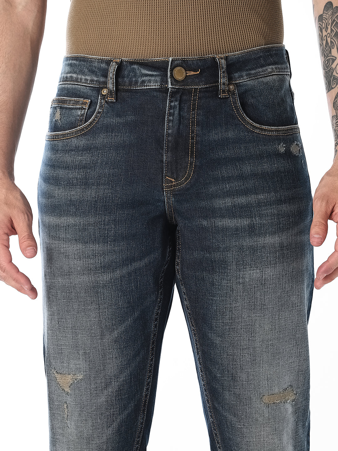 Dark Blue Cropped Brak Slim Fit Jeans