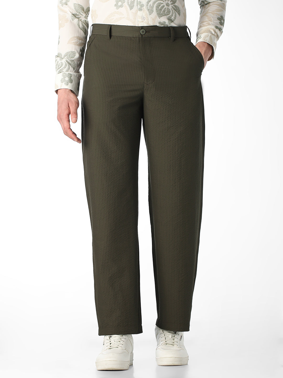 Olive Pinstripe Regular Fit Pants