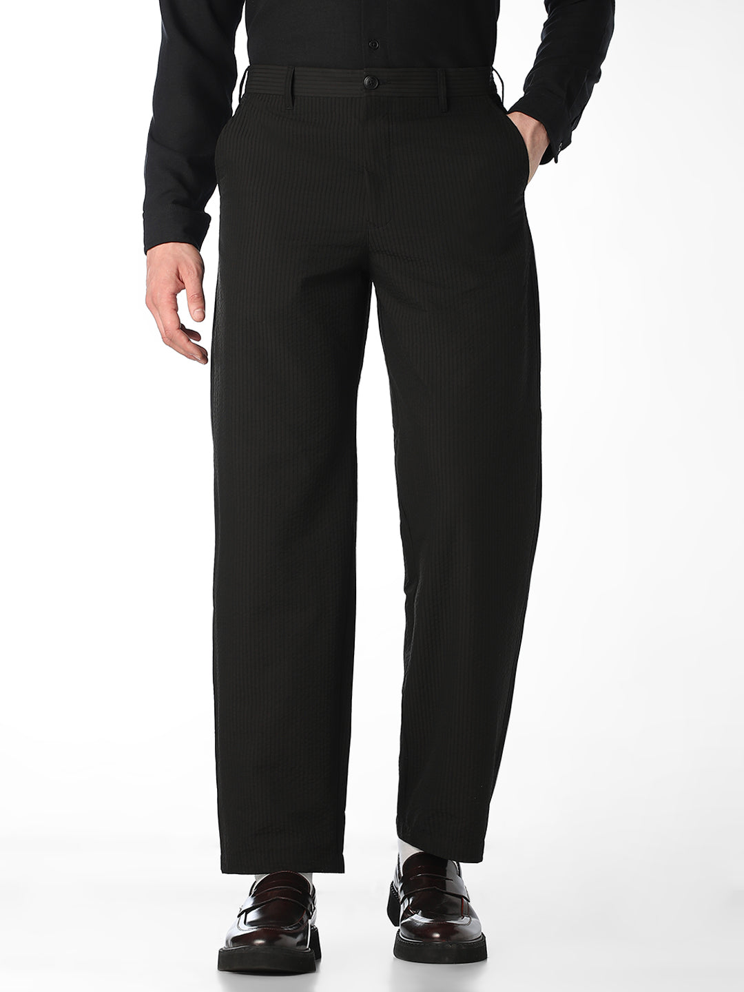 Black Pinstripe Regular Fit Pants