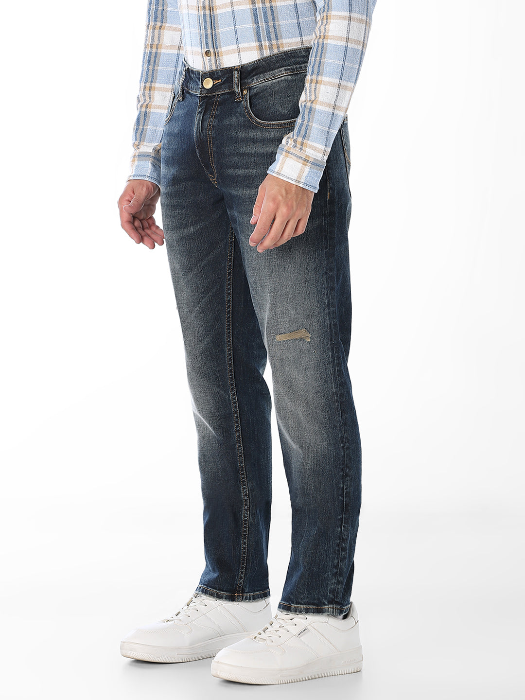 Dark Blue Distressed Cropped Anti Fit Jeans