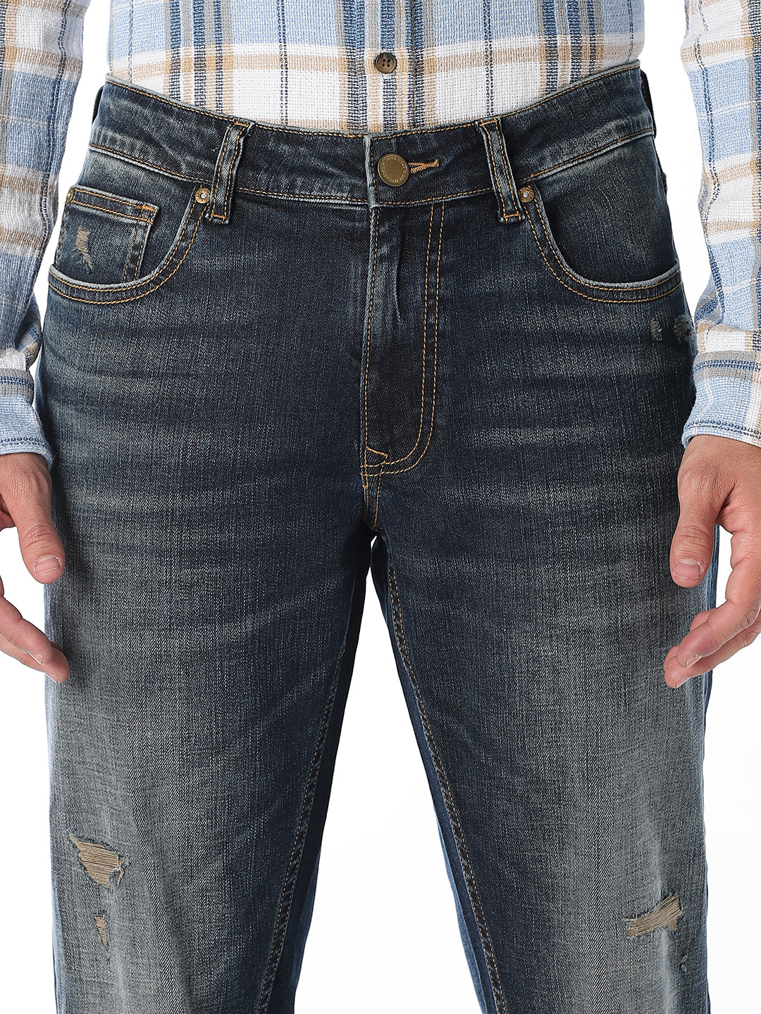 Dark Blue Distressed Cropped Anti Fit Jeans