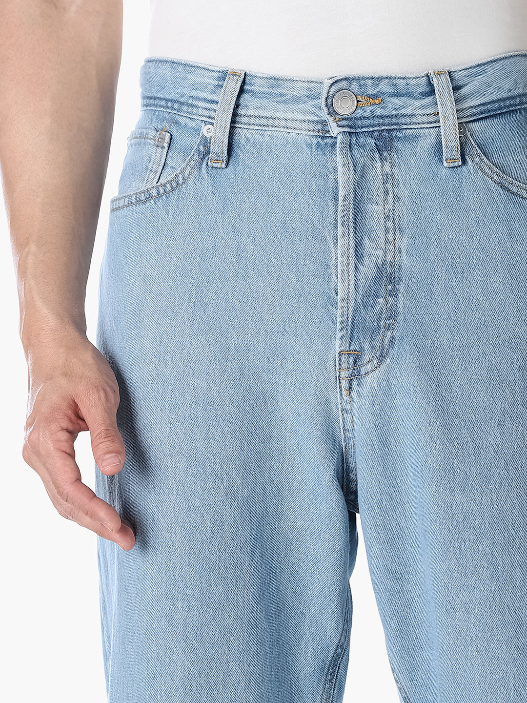 Men's Light Blue Loose Fit Low Rise Jeans With Button Fly