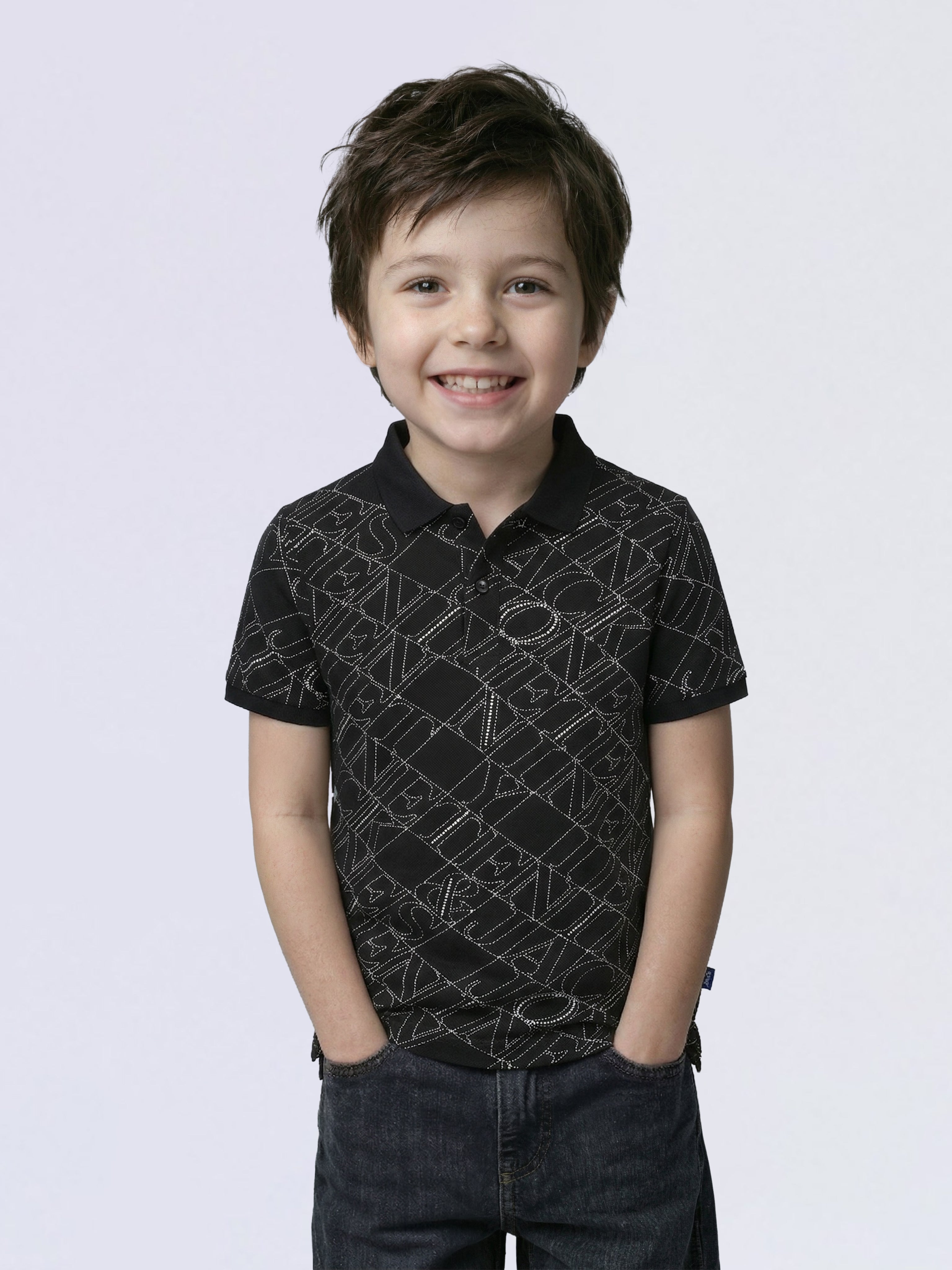Boys Black Printed Cotton Polo
