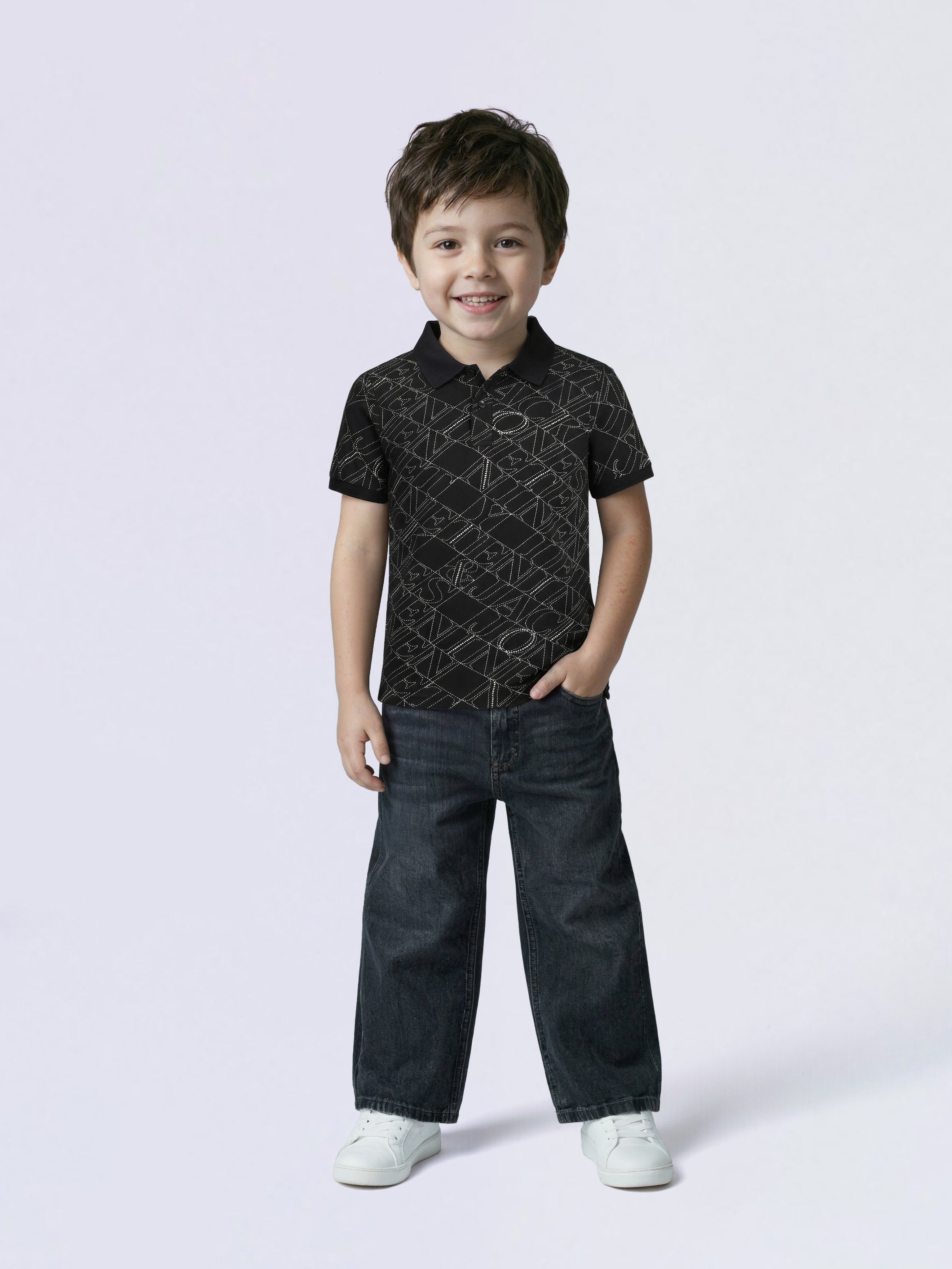 Boys Black Printed Cotton Polo