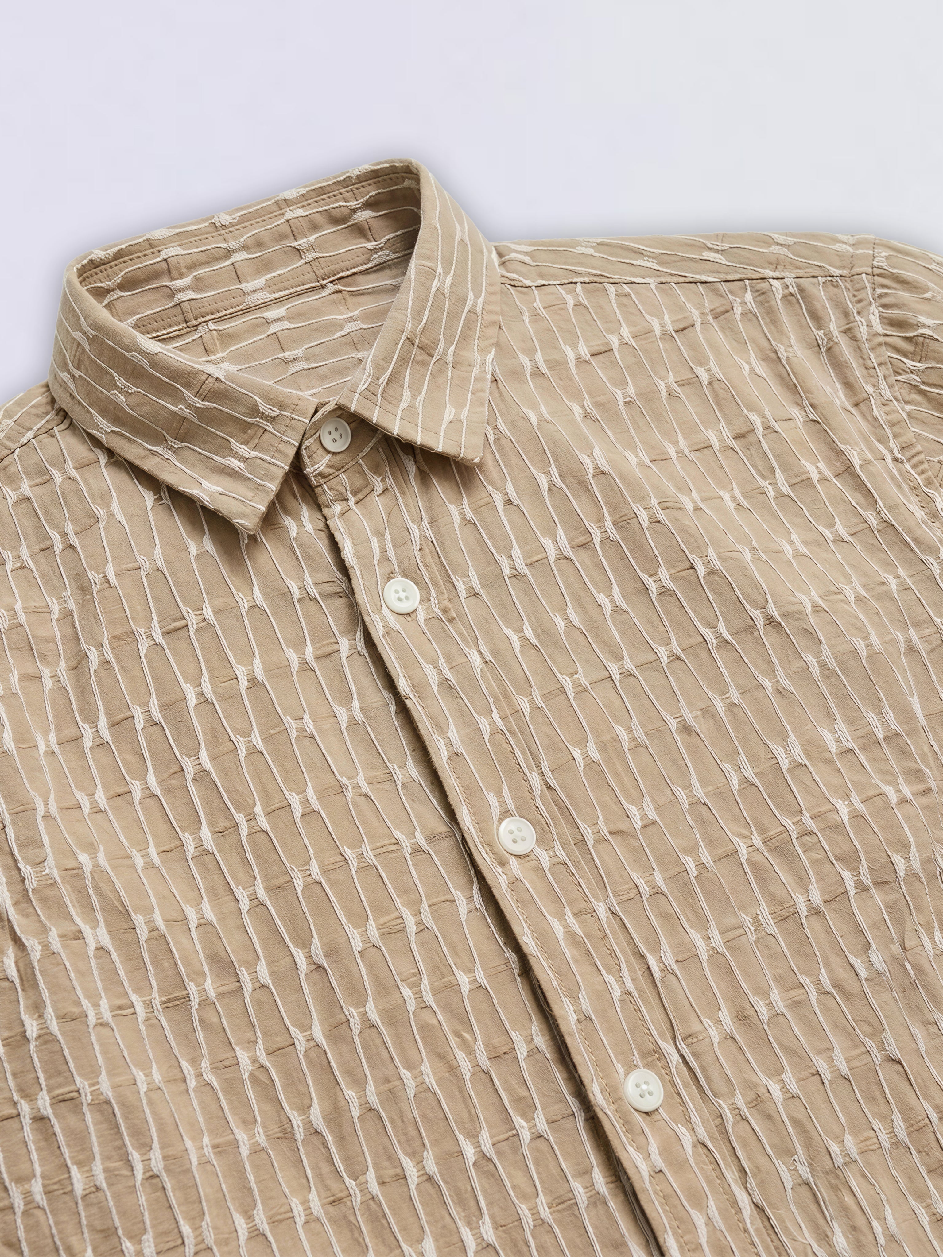 Boys Beige Dobby Short Sleeves Shirt
