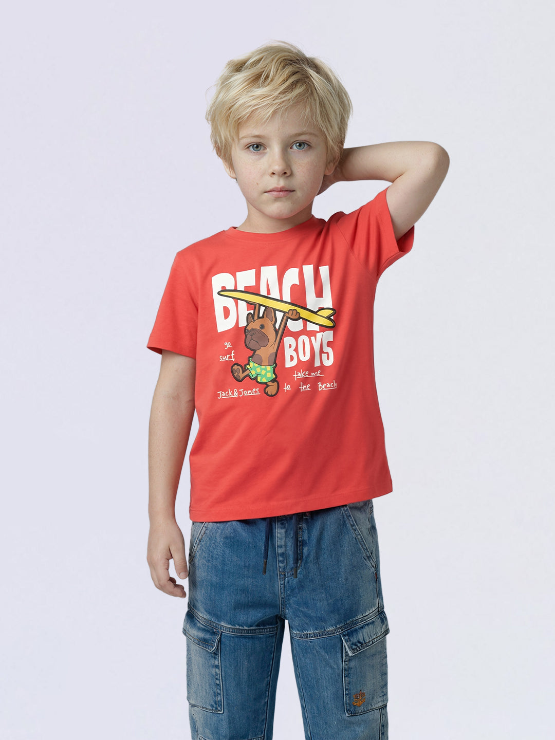 Boys Red Printed Cotton T-Shirt