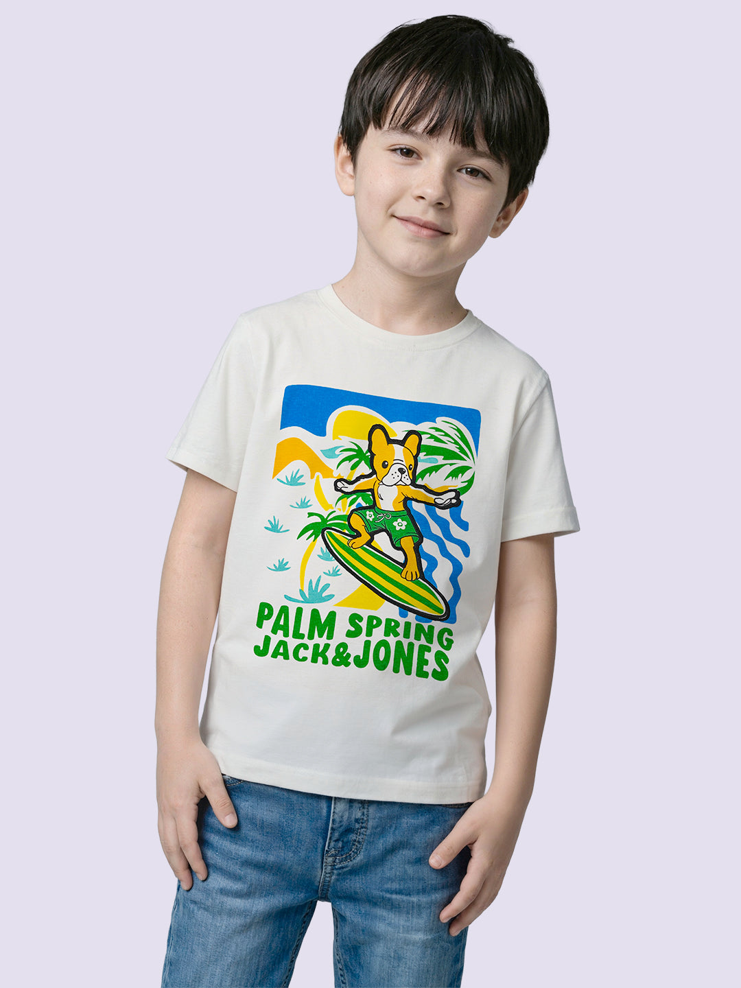 Boys White Printed Cotton T-shirt