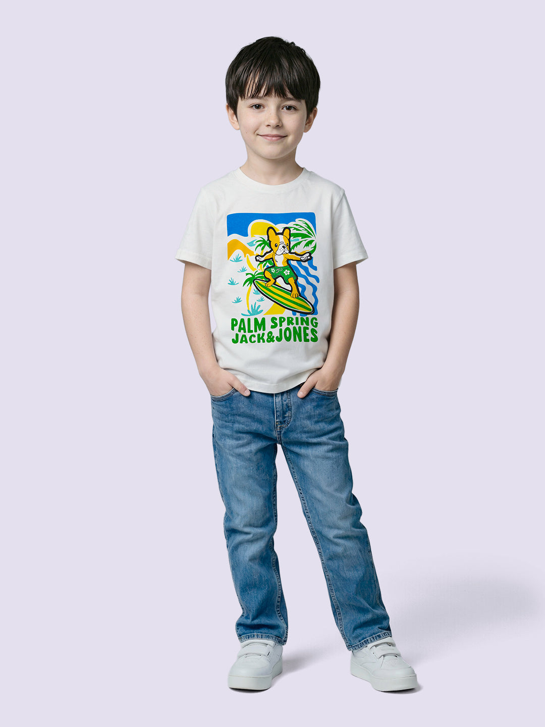 Boys White Printed Cotton T-shirt