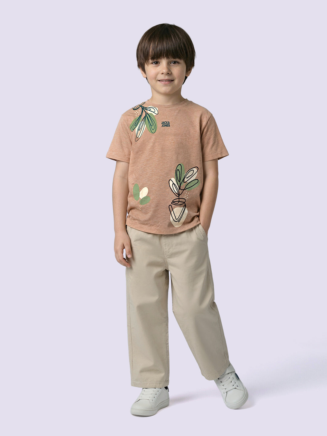 Boys Taupe Embroidered Cotton T-Shirt