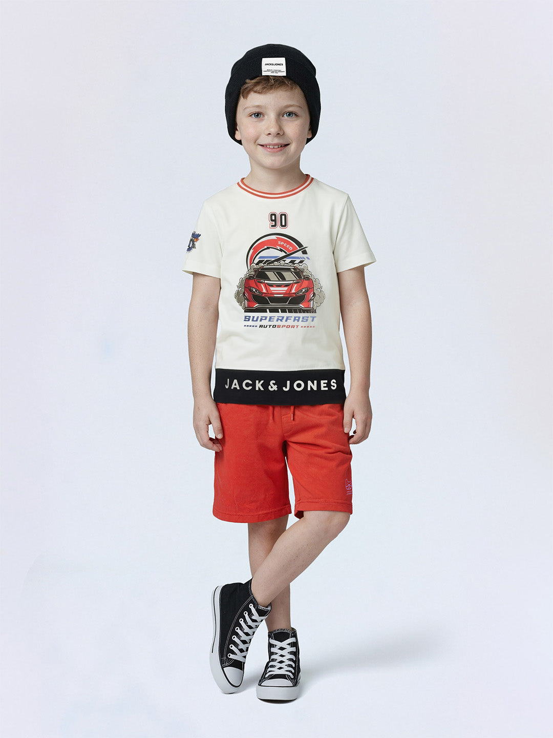 Boys White Printed Cotton T-shirt
