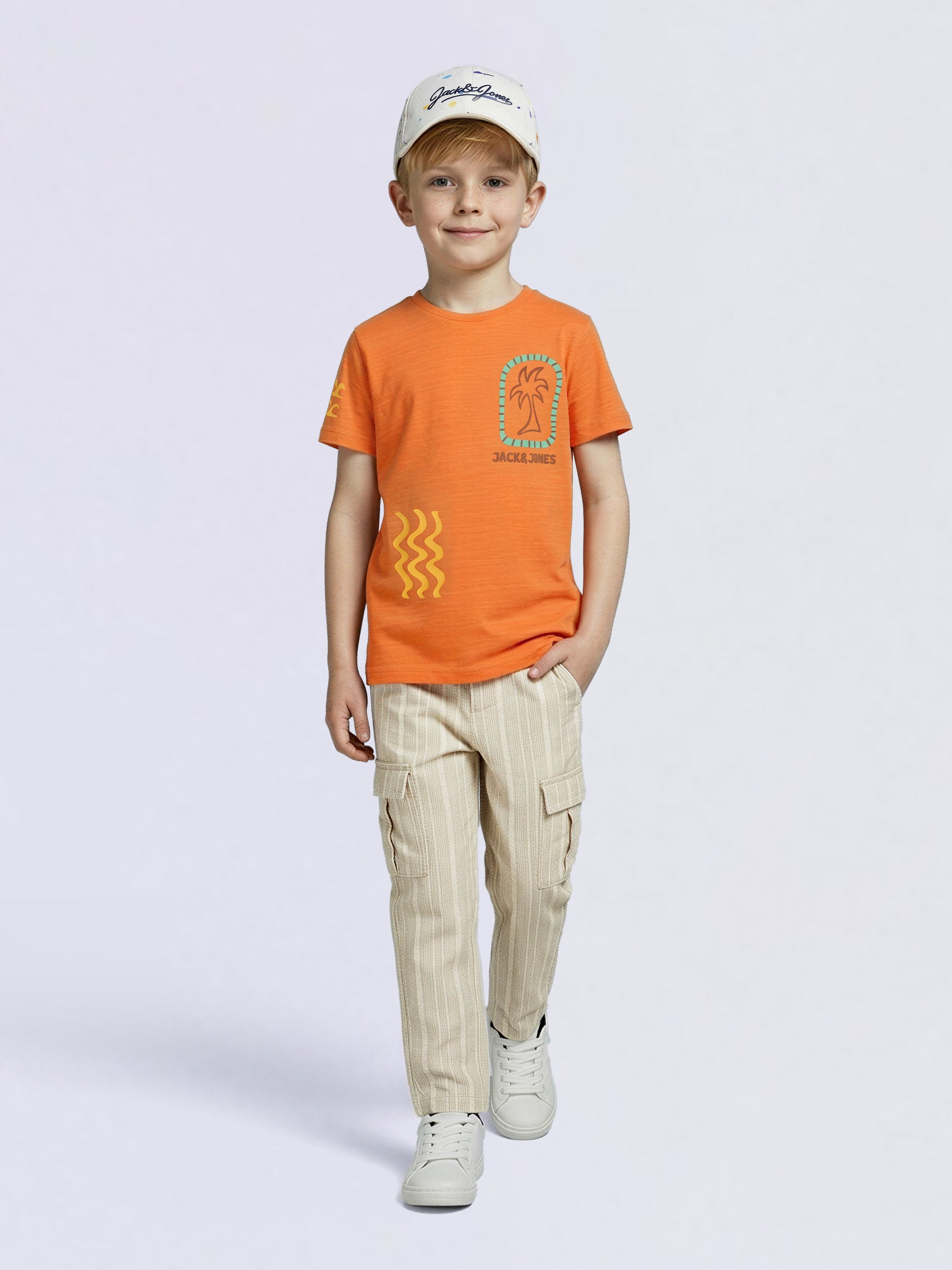Boys Orange Printed Cotton T-shirt