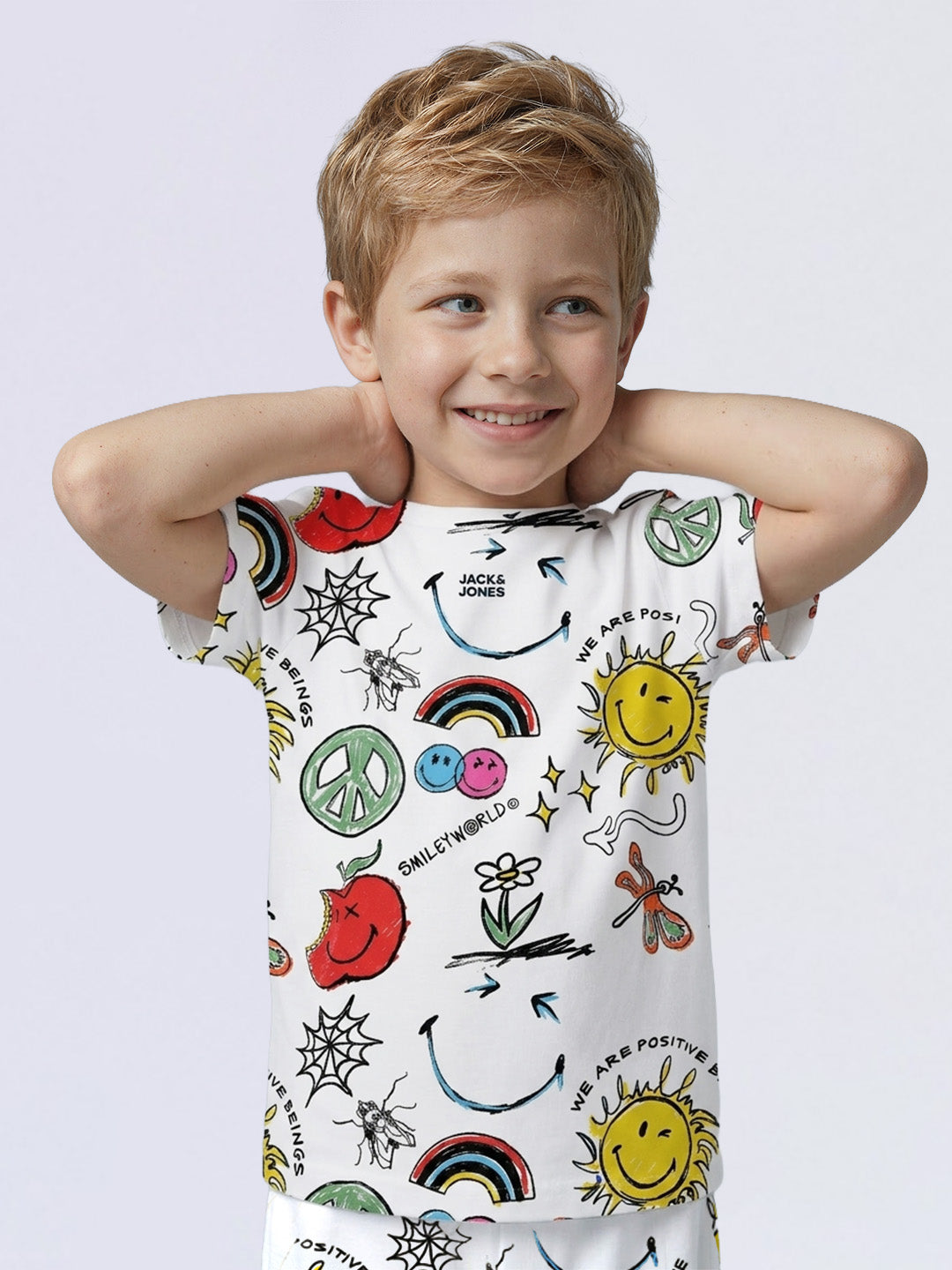 Boys White Smiley Print T-shirt
