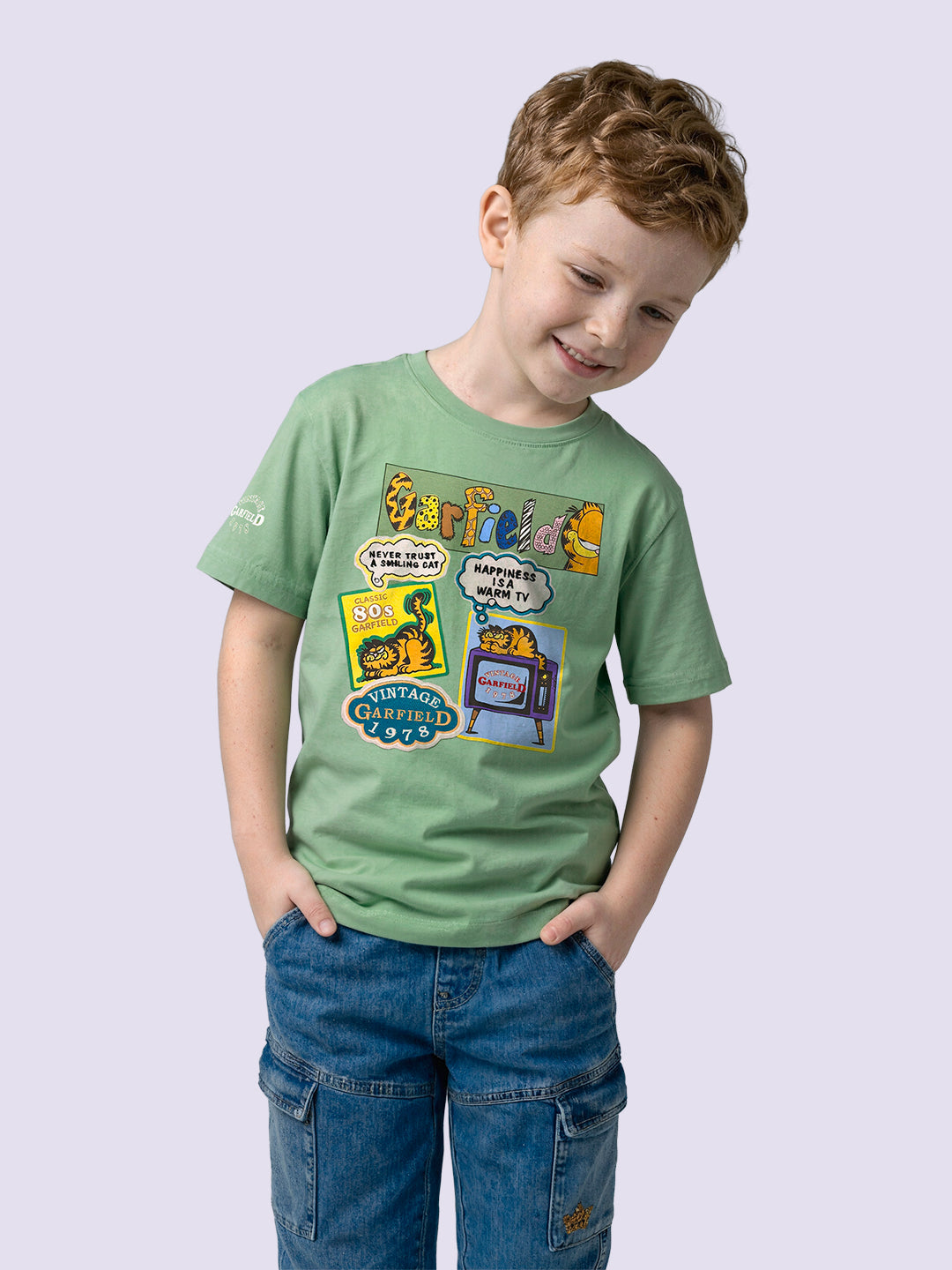 Boys Green Garfield Print Oversized T-shirt