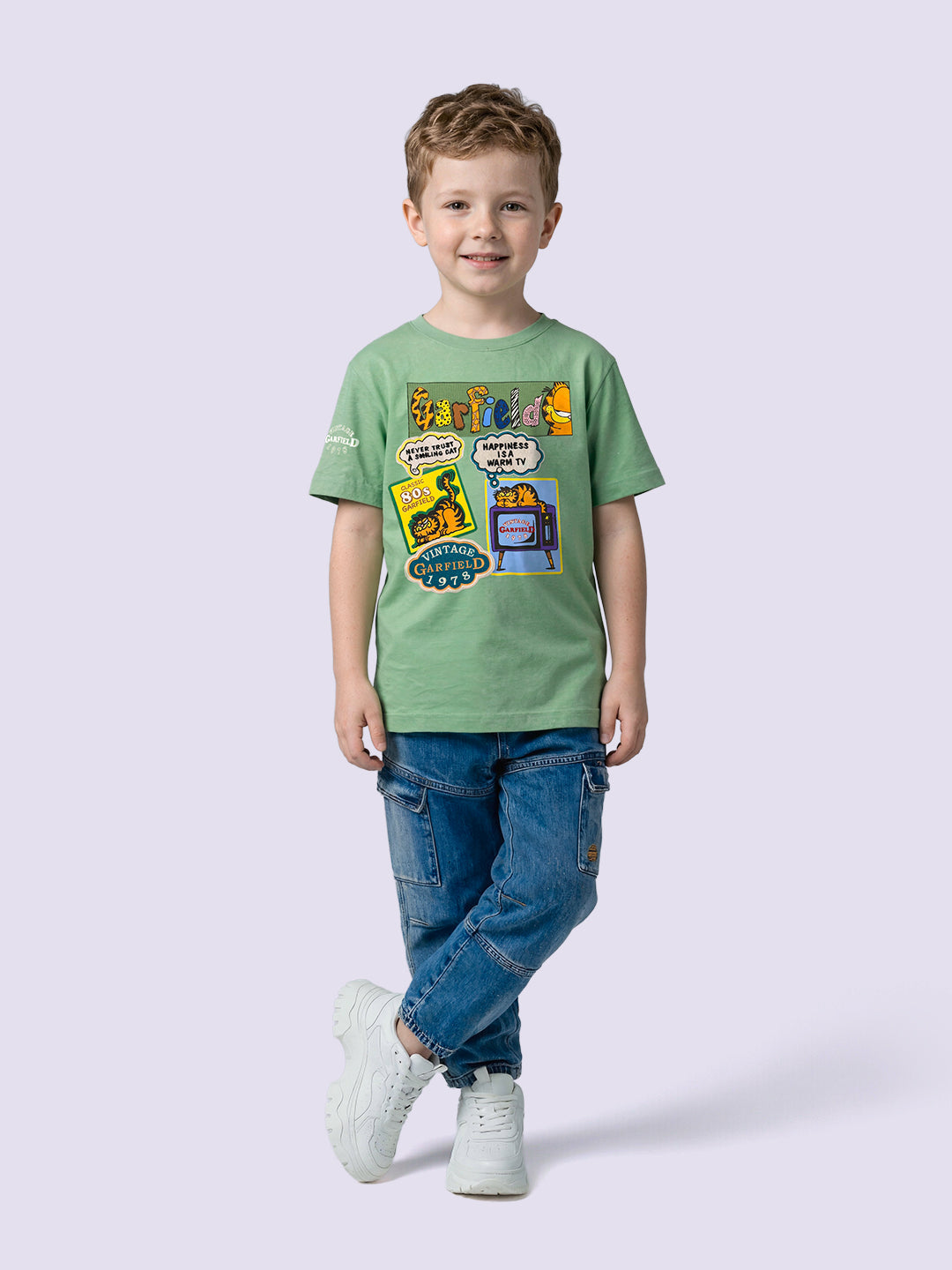 Boys Green Garfield Print Oversized T-shirt