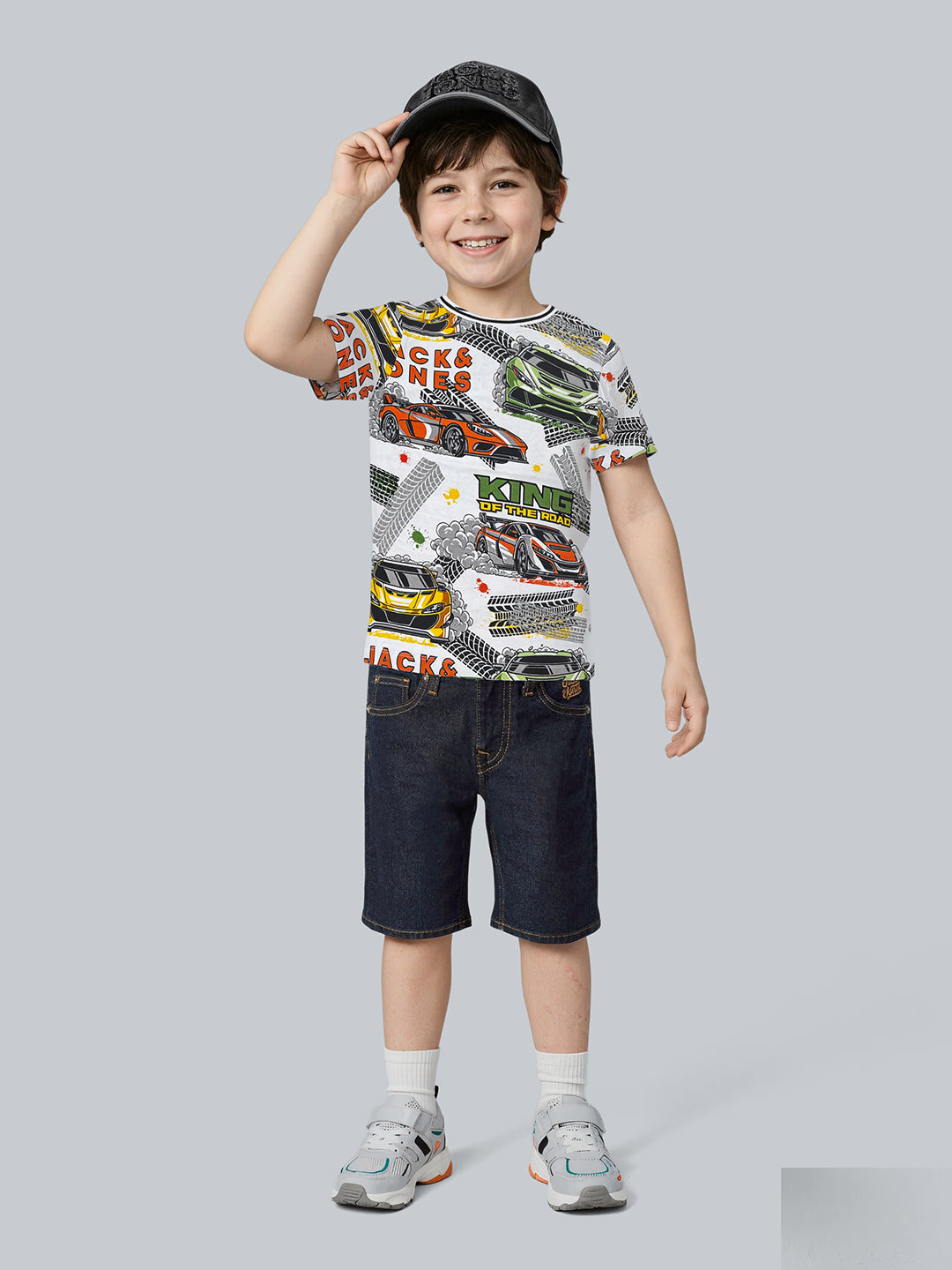 Boys White Printed Cotton T-shirt