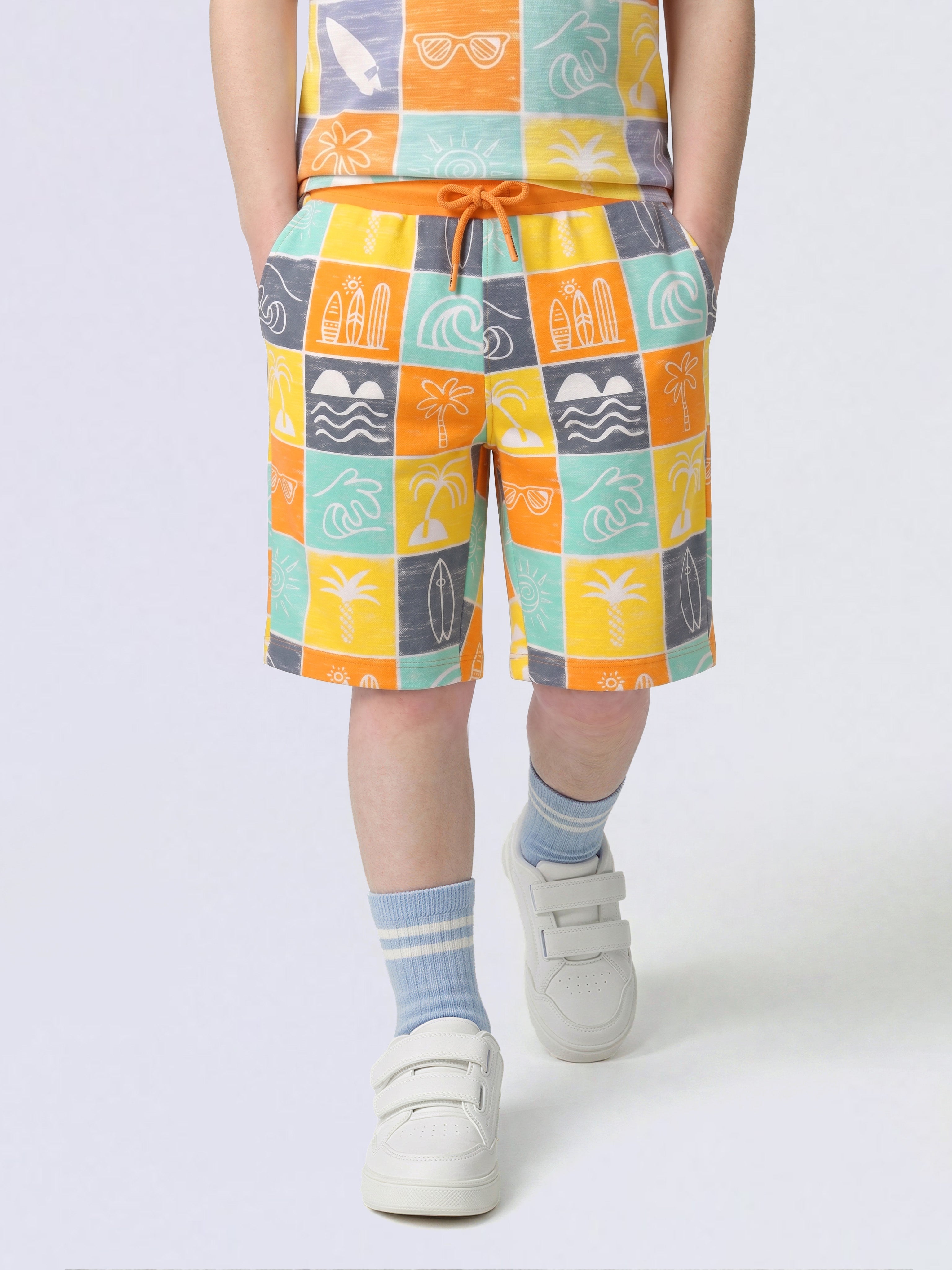 Boys Orange Printed Shorts