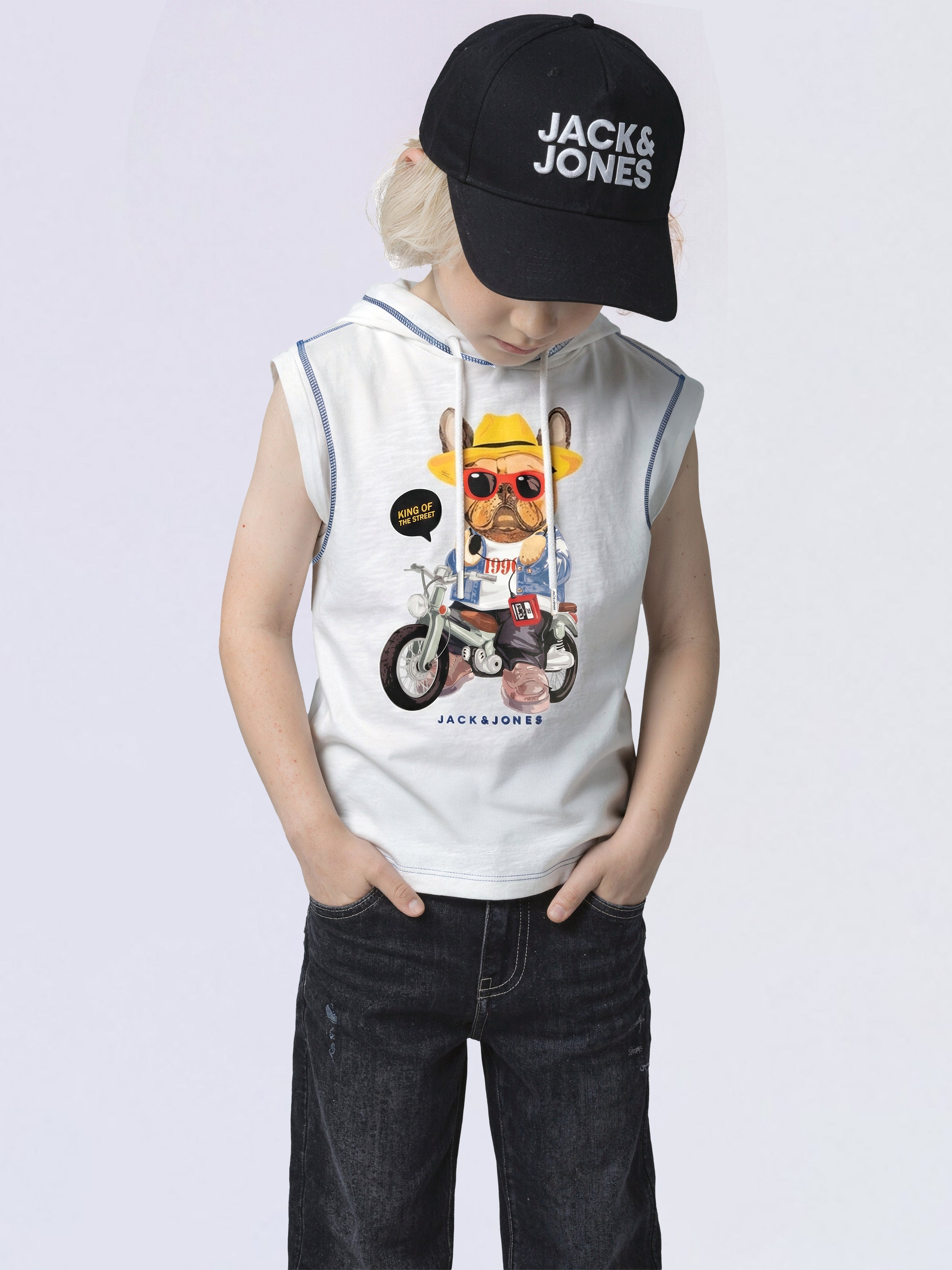Boys White Printed Hooded T-shirt