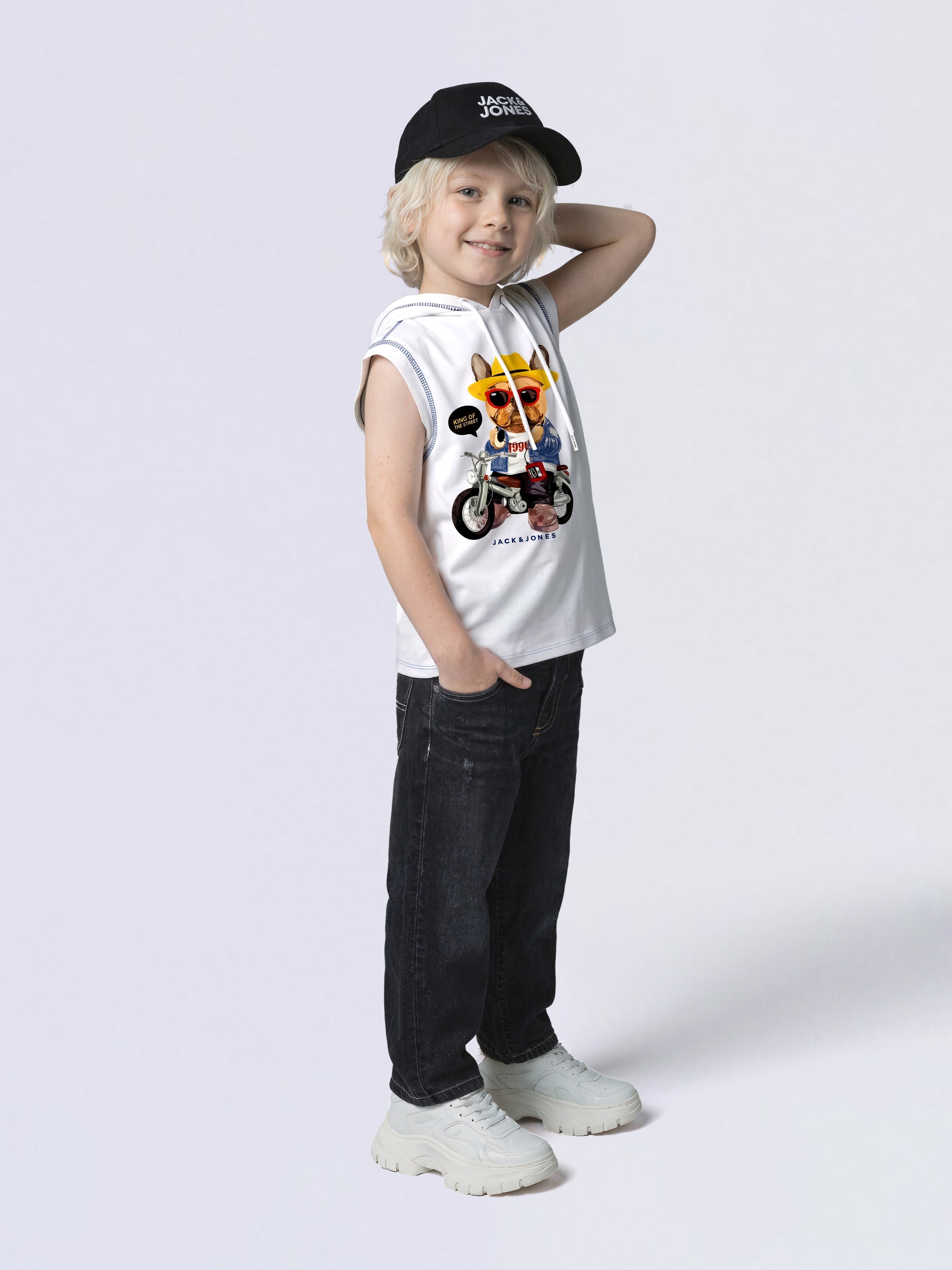 Boys White Printed Hooded T-shirt