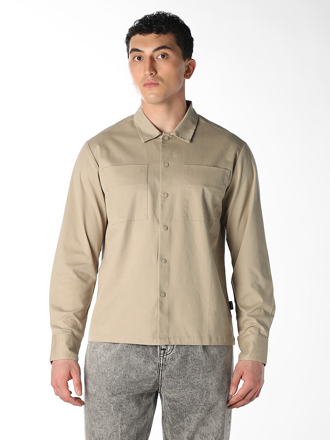 Beige Patch Pocket Oversized Shirt