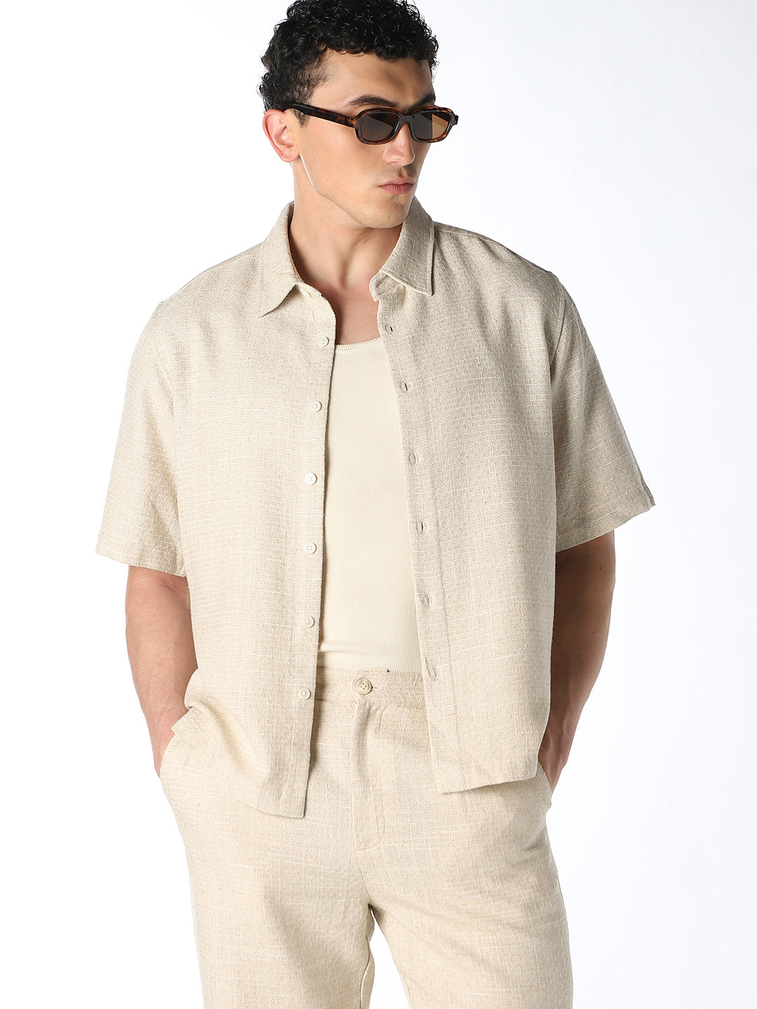 Beige Dobby Oversized Shirt