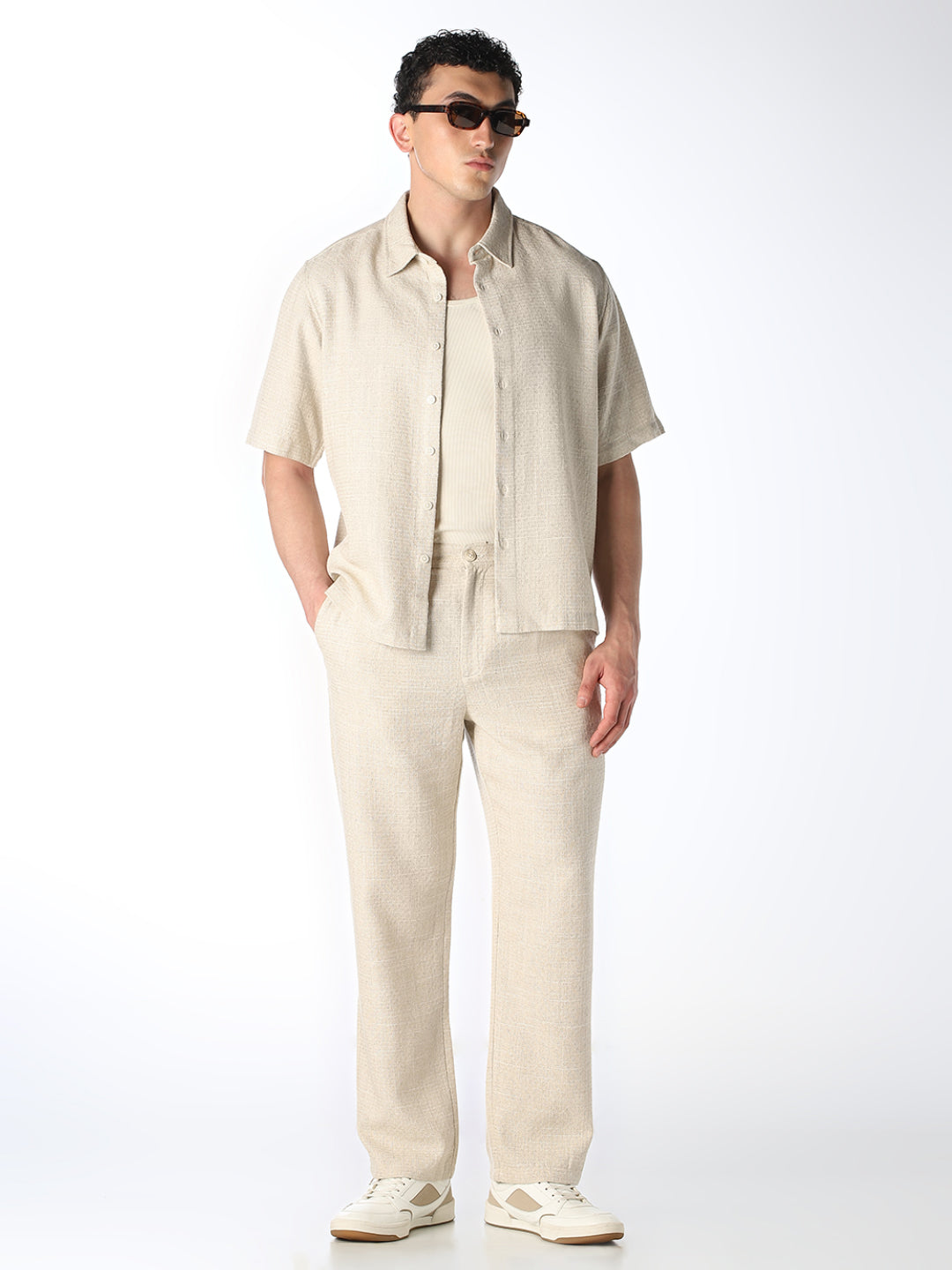 Beige Dobby Loose Fit Pants
