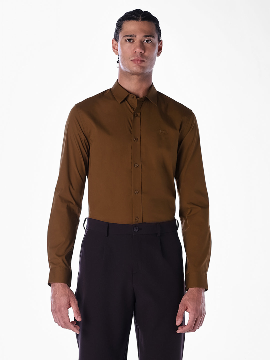 Cotton-Stretch Slim Fit Shirt - Brown