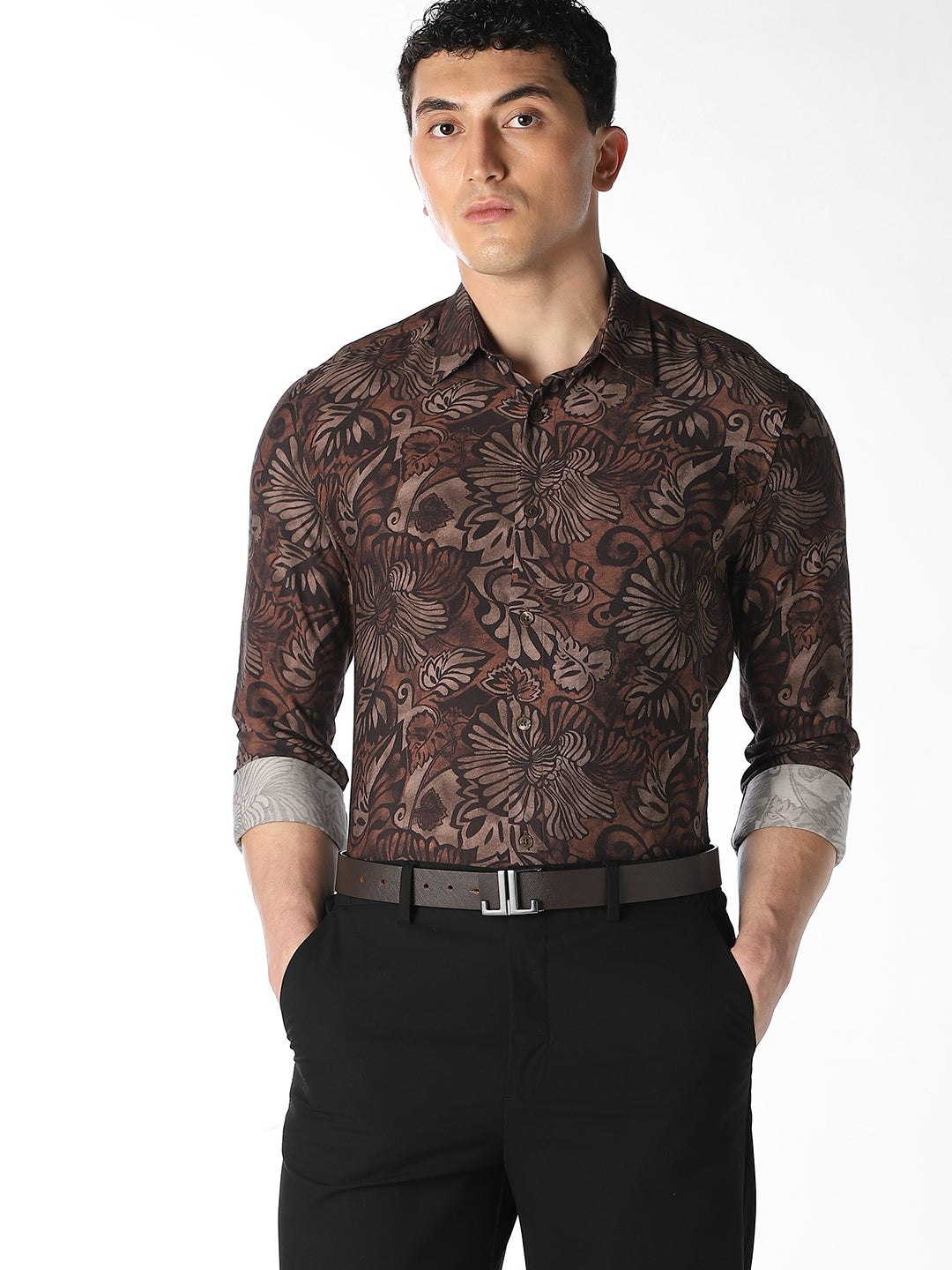 Brown Printed Slim Fit Shirt