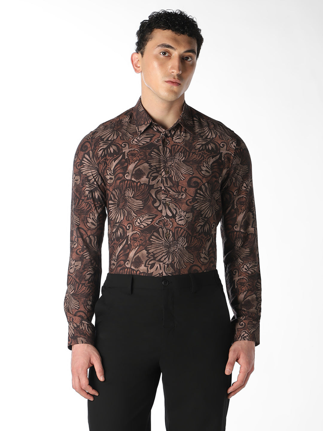 Brown Printed Slim Fit Shirt