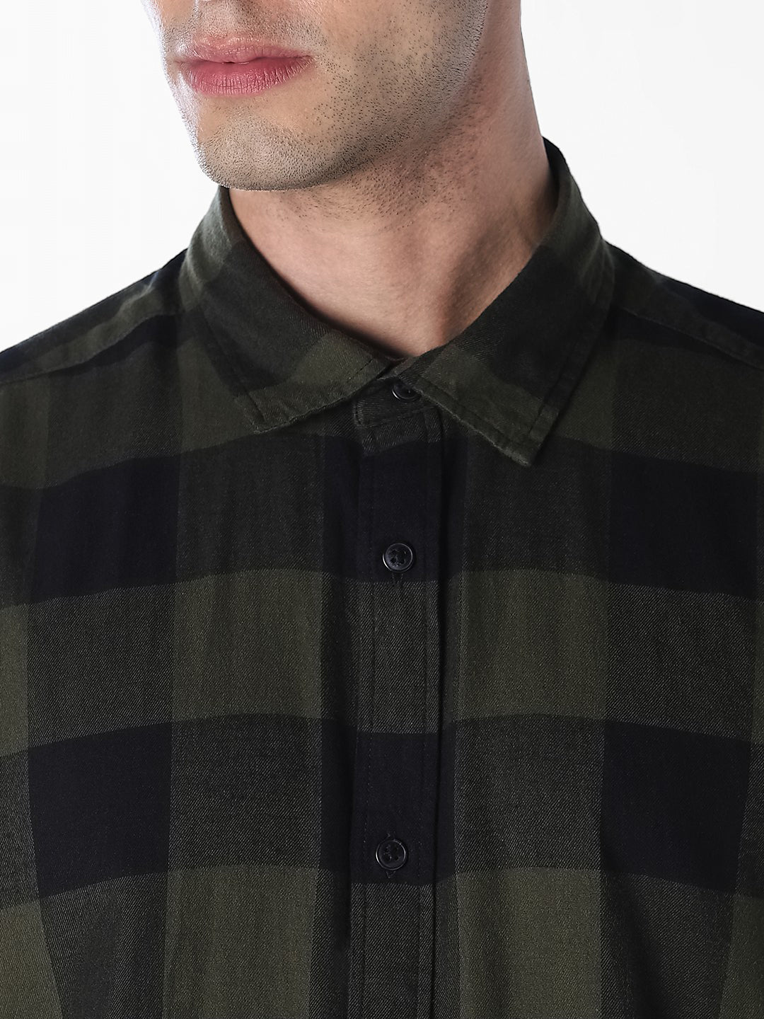 Men's Slim Fit Cotton Twill Checked Shirt In Olive